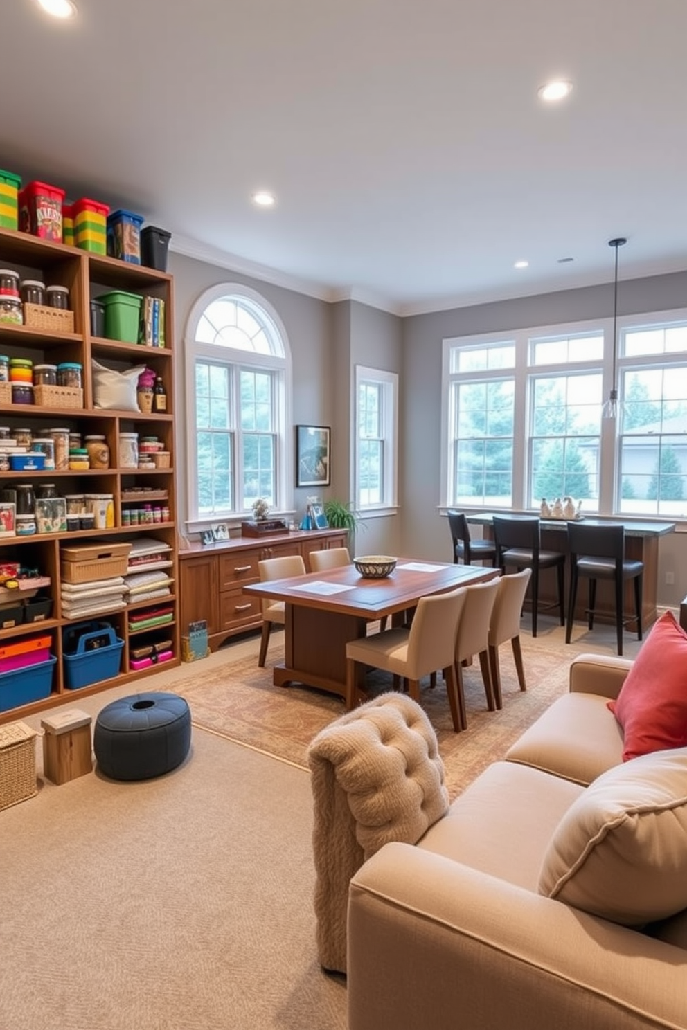 A cozy craft room filled with organized storage solutions. Shelves lined with colorful bins and jars hold various supplies, while a large worktable in the center is surrounded by comfortable seating. A stylish walkout basement designed for relaxation and entertainment. Large windows let in natural light, and the space features a comfortable lounge area with plush seating and a bar with high stools.