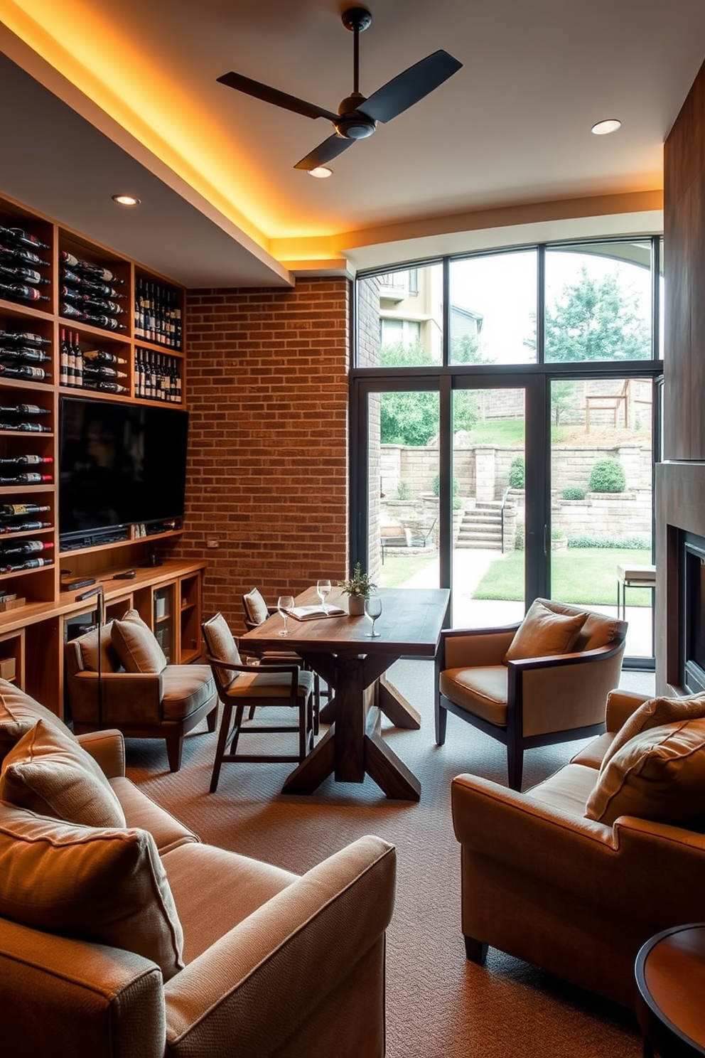 Charming wine cellar with tasting area. The room features exposed brick walls and warm wooden shelving filled with various wine bottles. A rustic wooden table with comfortable chairs is positioned in the center for tastings. Soft ambient lighting illuminates the space, creating an inviting atmosphere. Walkout Basement Design Ideas. The design includes large sliding glass doors that open to a landscaped backyard, allowing natural light to flood the space. Cozy seating areas with plush sofas and a modern fireplace create a perfect gathering spot for family and friends.