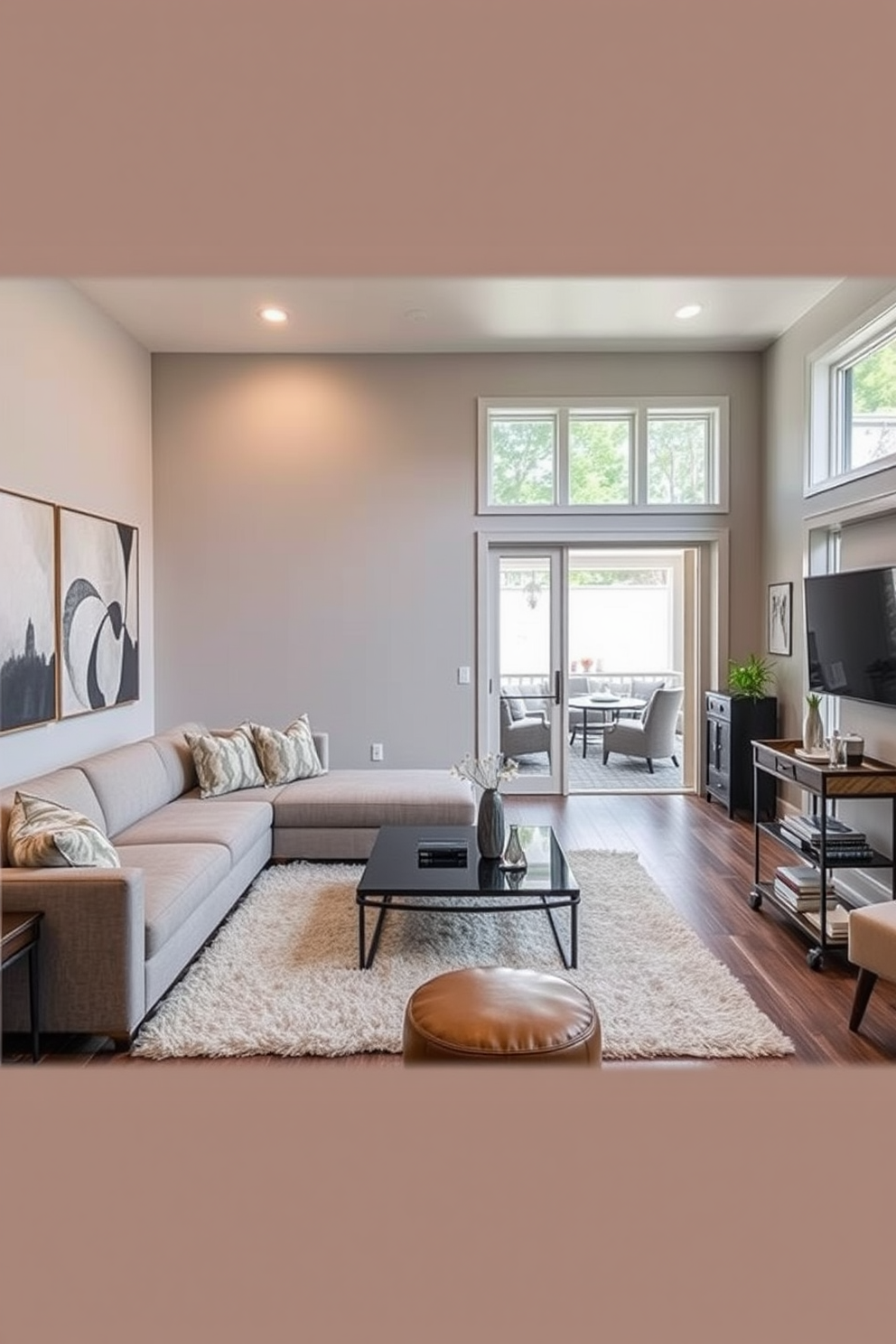 A contemporary lounge setting featuring a large sectional sofa in a soft gray fabric. The walls are adorned with abstract artwork, and a sleek coffee table sits in the center, complemented by a plush area rug. For the walkout basement design, envision a cozy entertainment space with large windows allowing natural light to flood in. The area includes a small kitchenette, comfortable seating arrangements, and a stylish bar cart for entertaining guests.