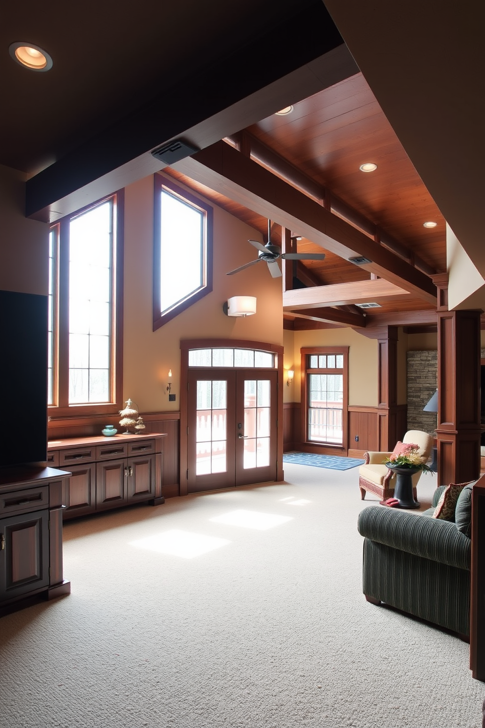 A warm and inviting walkout basement features rich wooden beams across the ceiling and warm wood accents throughout the space. Large windows allow natural light to flood in, creating a cozy atmosphere perfect for relaxation and entertainment.