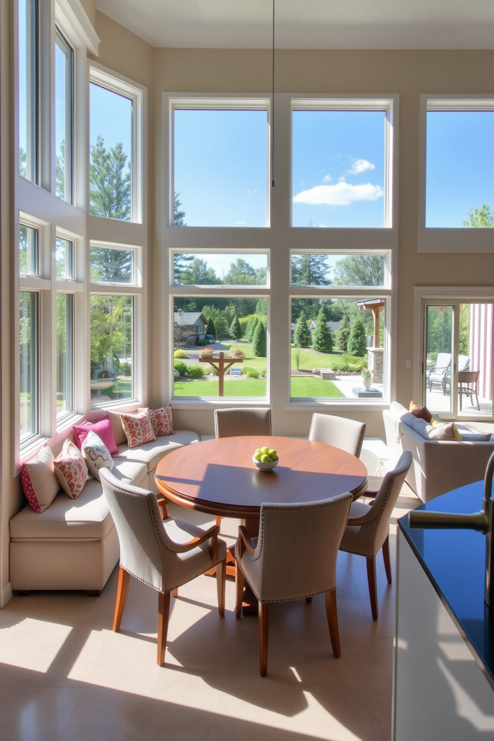 A sunlit breakfast nook with large windows that offer panoramic views of the garden. The space features a round wooden table surrounded by upholstered chairs, with a cozy bench along one wall adorned with colorful cushions. A walkout basement designed for entertainment and relaxation. It includes a spacious lounge area with a sectional sofa, a wet bar with stylish stools, and sliding glass doors that open to a patio with outdoor seating.