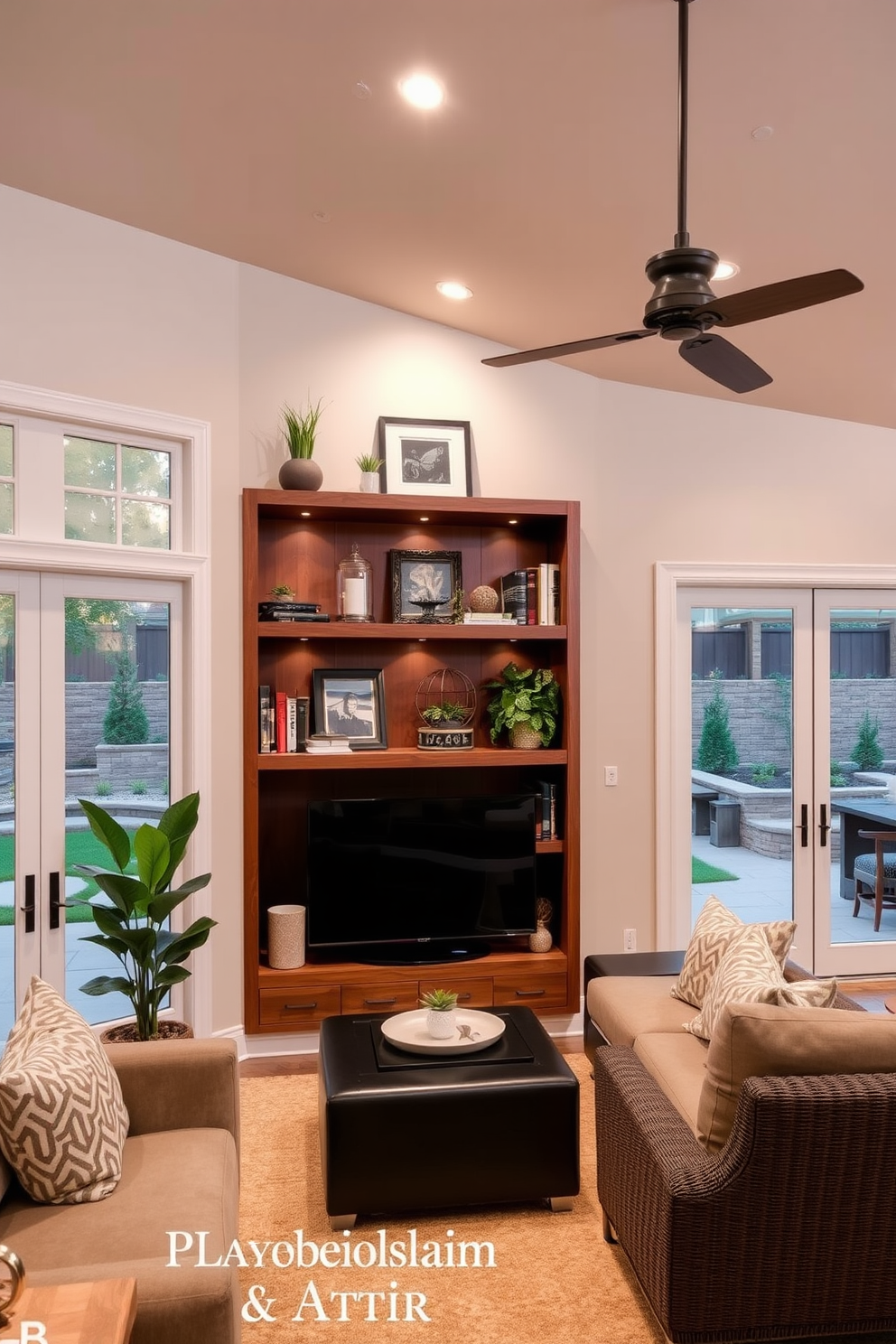 Custom built-in shelves for decor. The shelves are made of rich walnut wood and are designed to hold an array of decorative items, books, and plants, creating an inviting focal point in the room. Walkout basement design ideas. The space features large glass doors that open to a landscaped backyard, with cozy seating arrangements and ambient lighting to enhance the entertainment area.