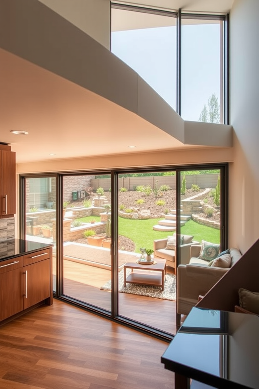 A modern walkout basement featuring sliding glass doors that open to a beautifully landscaped outdoor area. The interior includes a cozy seating arrangement with plush sofas and a coffee table, creating an inviting atmosphere for relaxation and entertainment. Natural light floods the space through the expansive glass doors, enhancing the warm tones of the wooden flooring. The design incorporates a small kitchenette area with sleek cabinetry and a stylish backsplash, perfect for hosting gatherings.