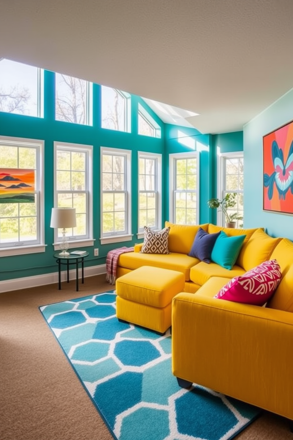 Bright accent colors create a lively atmosphere in a walkout basement. The walls are painted in a vibrant teal, complemented by a bold yellow sectional sofa and colorful throw pillows. Large windows allow natural light to flood the space, enhancing the cheerful ambiance. A playful area rug with geometric patterns defines the seating area, while artwork featuring bright hues adorns the walls.