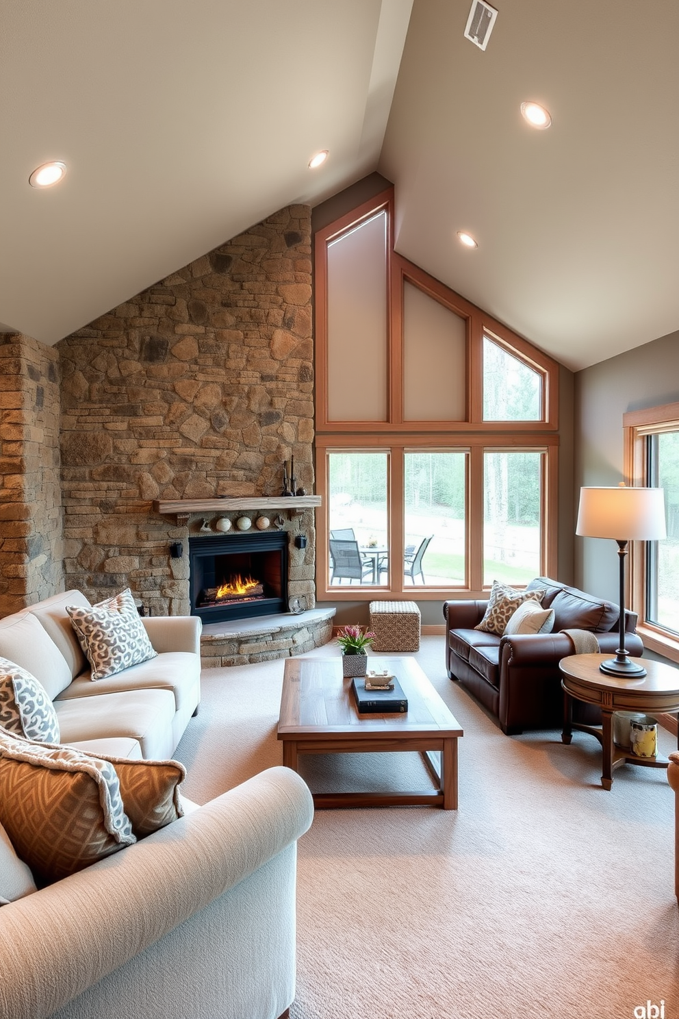 A cozy walkout basement designed for relaxation and entertainment. The space features natural stone accents on the walls and a large fireplace that adds warmth and rustic charm. Comfortable seating arrangements with plush sofas and a wooden coffee table invite gatherings. Large windows allow natural light to flood in, creating an inviting atmosphere while providing views of the outdoors.