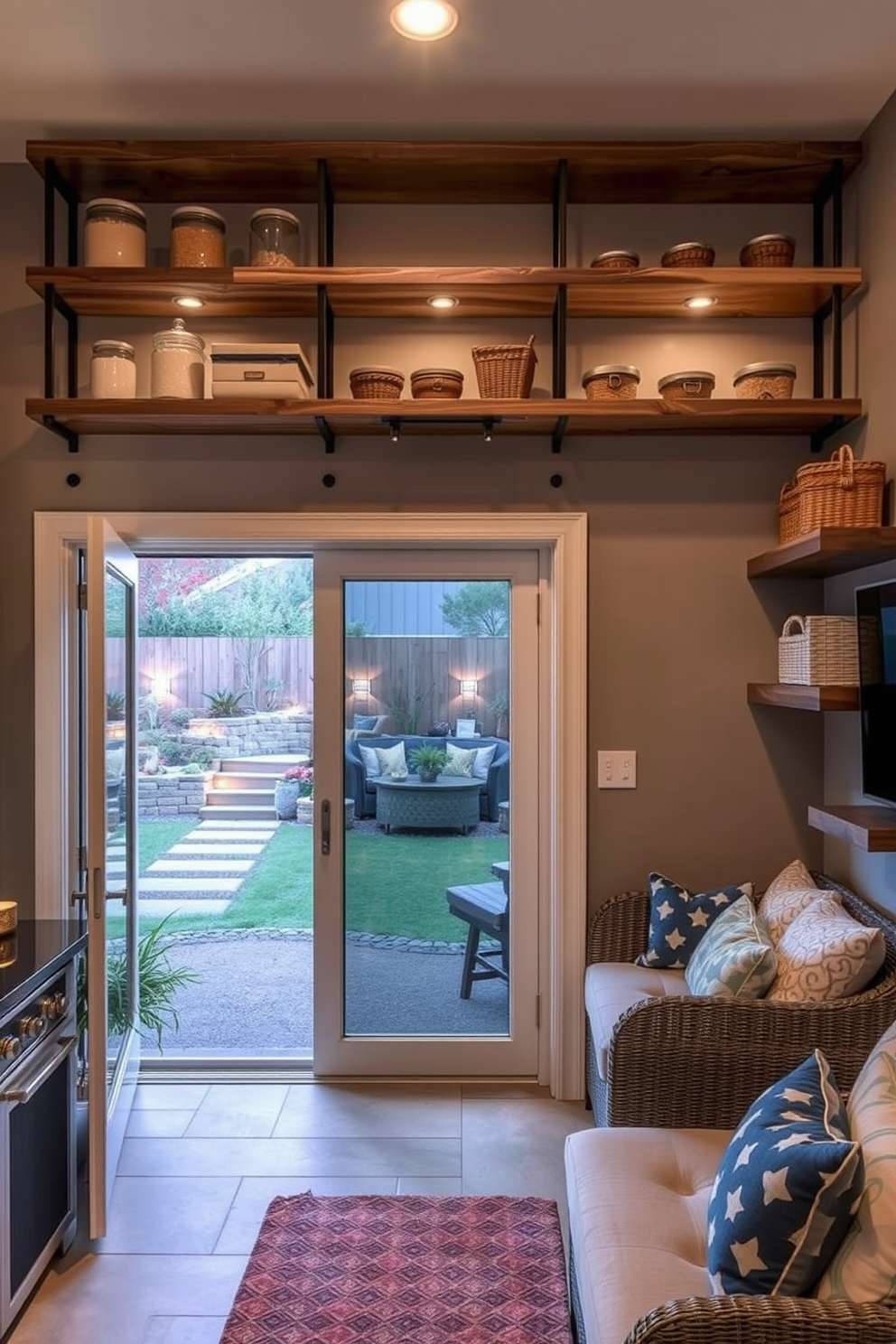 Open shelving for easy access storage. The shelves are made of reclaimed wood and are mounted on the walls, displaying neatly organized jars and decorative baskets. Walkout basement design ideas. The space features large sliding glass doors that open to a landscaped backyard, with cozy seating areas and ambient lighting for evening gatherings.