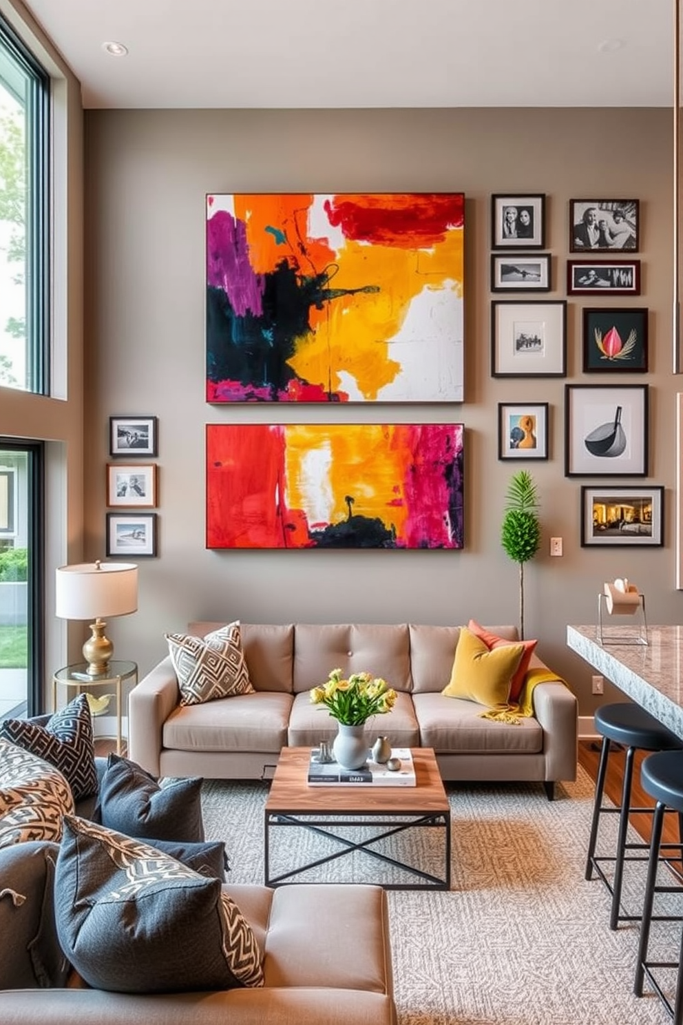 Creative wall art for personal touch. A large abstract painting in vibrant colors hangs above a sleek, modern sofa, creating a focal point in the room. Surrounding the painting, a gallery wall showcases a mix of framed photographs and smaller artworks, adding personality and warmth. Walkout Basement Design Ideas. The space features large sliding glass doors that open to a beautifully landscaped backyard, flooding the area with natural light. Cozy seating is arranged around a contemporary coffee table, while a stylish bar area invites entertaining and relaxation.