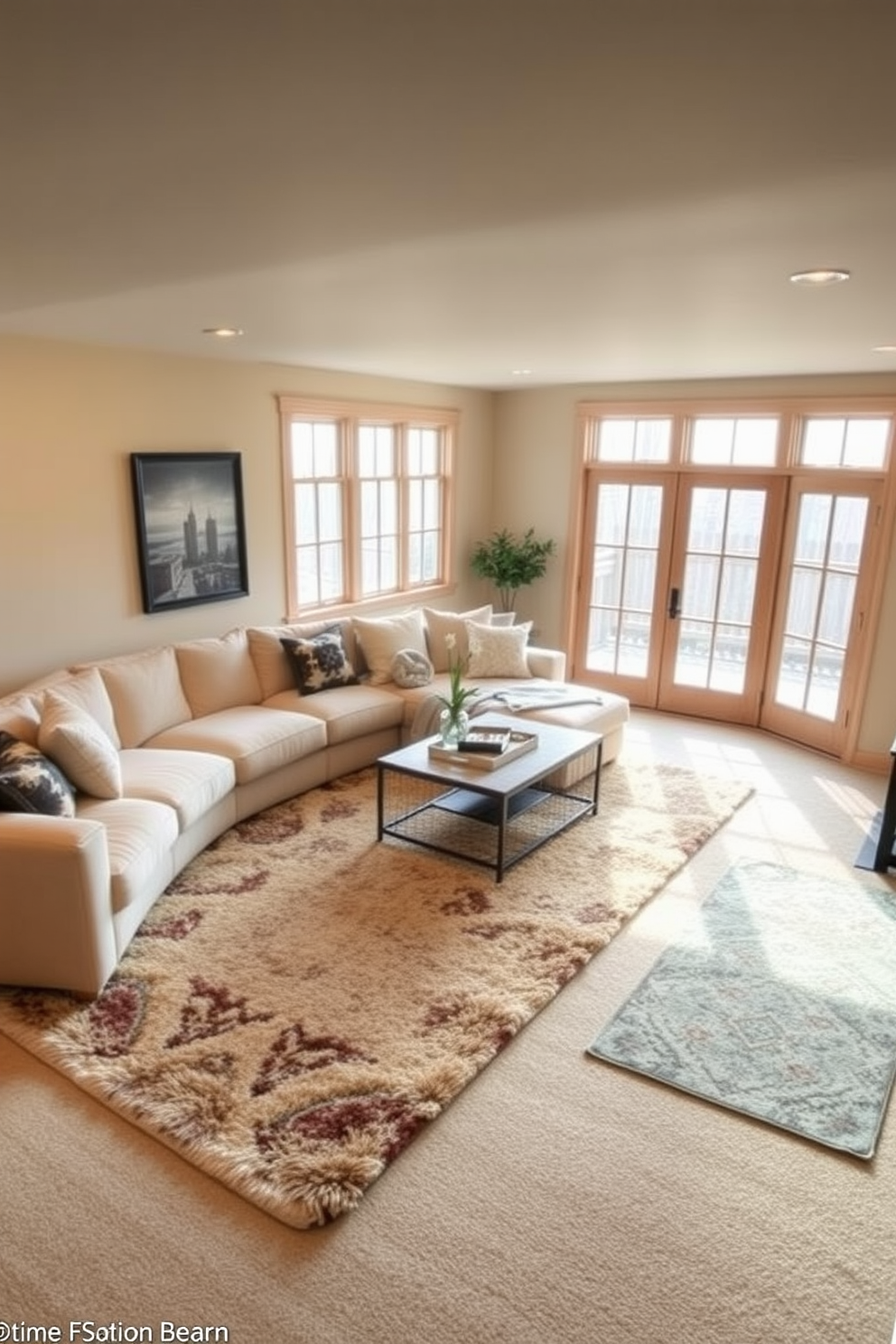 A cozy walkout basement designed for relaxation and entertainment features soft area rugs that provide comfort underfoot. The space includes a plush sectional sofa, a coffee table, and large windows that allow natural light to flood in, creating an inviting atmosphere.