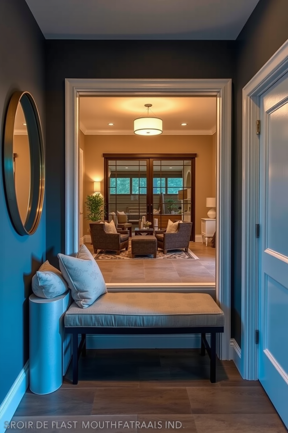 Inviting entryway with seating area. The space features a stylish bench with plush cushions against the wall, complemented by a large round mirror above it. Walkout basement design ideas. The area includes large sliding glass doors that open to a patio, with cozy seating arrangements and warm lighting for an inviting atmosphere.