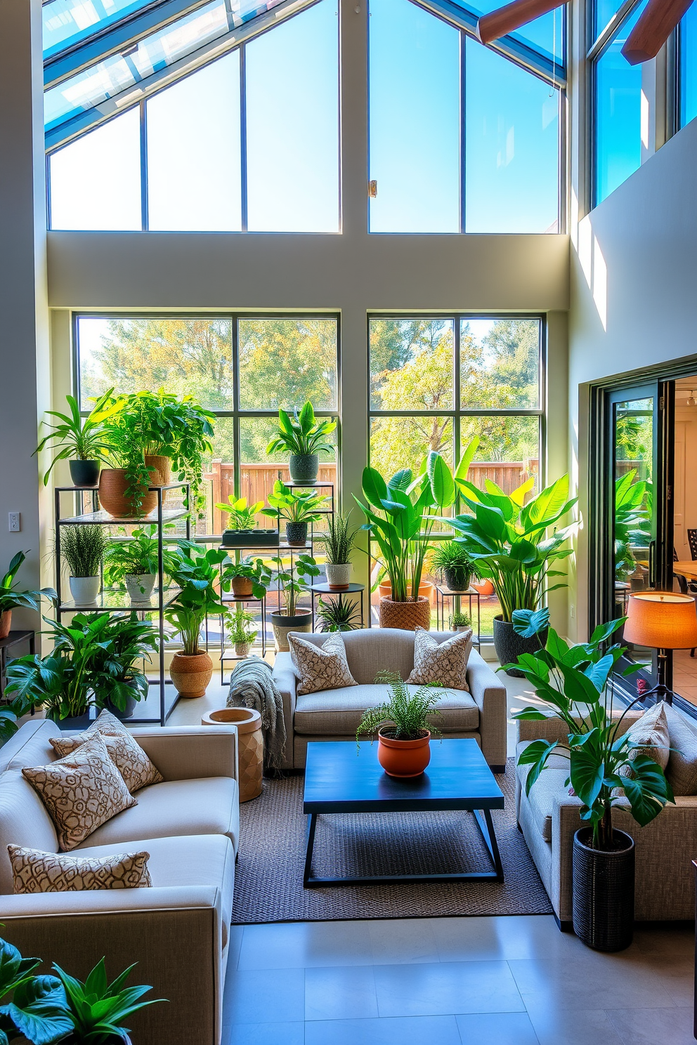 Indoor garden with natural light. The space features large windows that allow sunlight to pour in, illuminating a variety of lush green plants arranged on tiered shelves. Walkout basement design ideas. The area includes a cozy seating arrangement with plush sofas and a coffee table, complemented by warm lighting and sliding glass doors that lead to an outdoor patio.