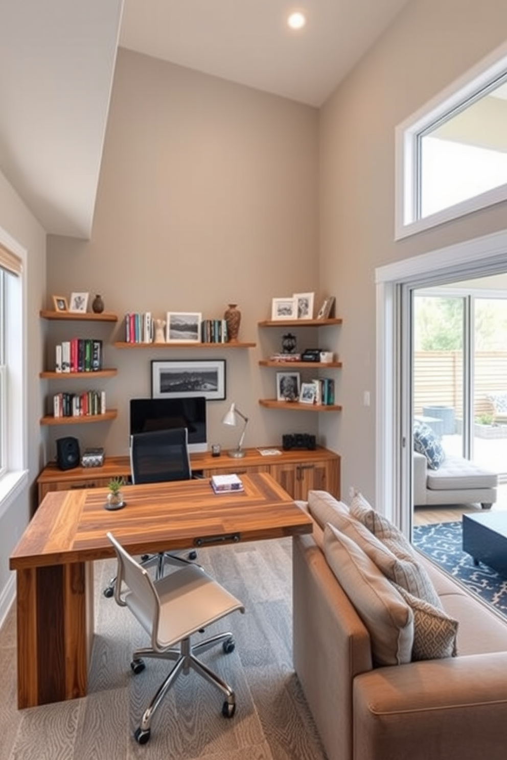 A multi-functional home office space features a sleek desk made of reclaimed wood paired with an ergonomic chair. The walls are adorned with floating shelves filled with books and decorative items, while a large window allows natural light to flood the room. The walkout basement design includes a cozy lounge area with a sectional sofa and a coffee table, perfect for relaxation. Large sliding glass doors lead to an outdoor patio, seamlessly connecting the indoor and outdoor spaces.