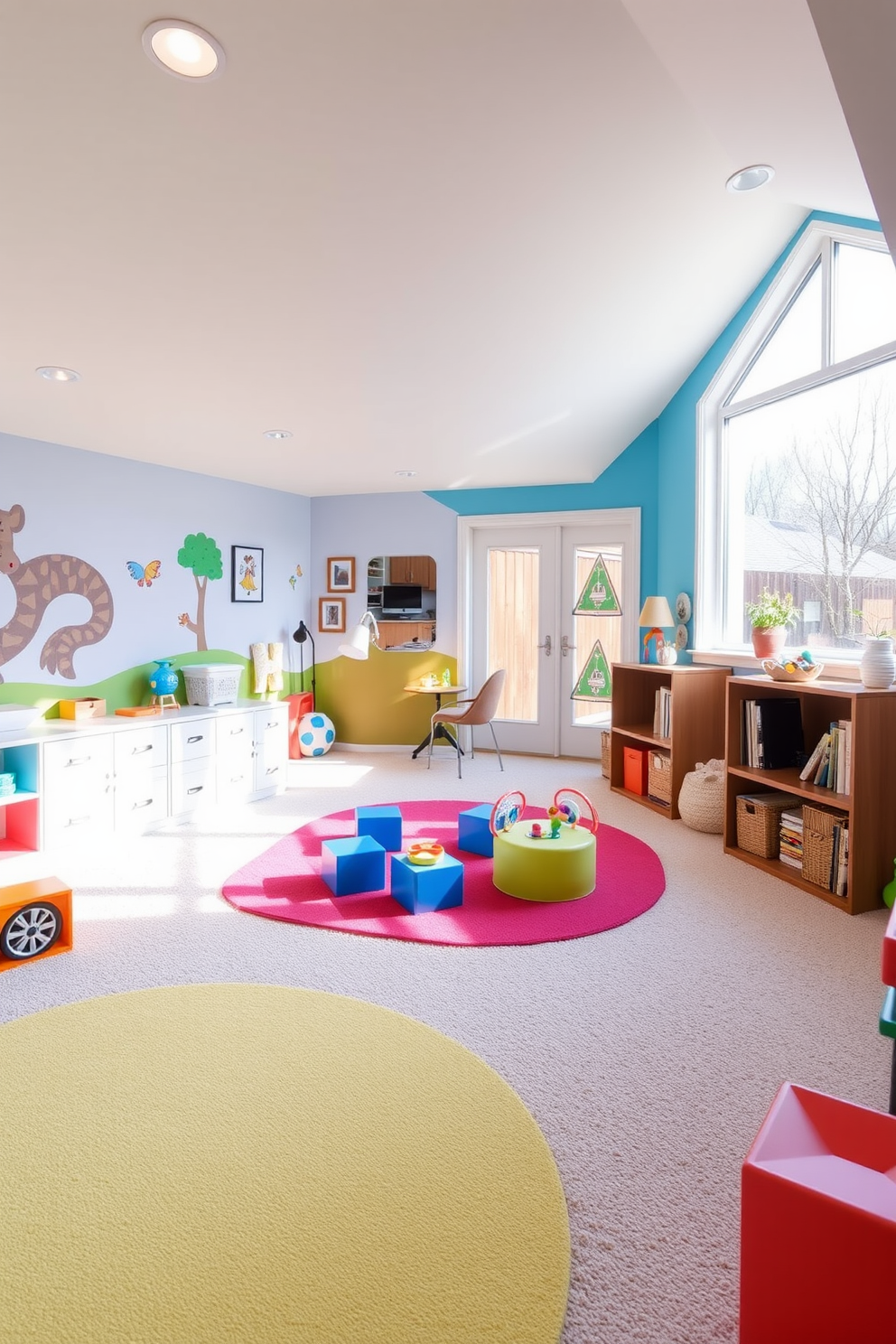 Bright playroom for kids activities. The walls are painted in vibrant colors with playful murals, and the floor is covered in soft, colorful rugs. Walkout basement design ideas. The space features large windows that let in natural light, with comfortable seating areas and a mini kitchenette for entertaining.