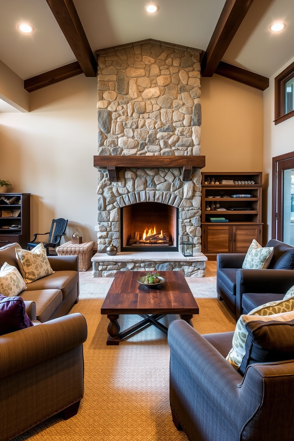 A rustic stone fireplace serves as the focal point of the walkout basement. The surrounding area features cozy seating arrangements with plush sofas and a reclaimed wood coffee table, creating a warm and inviting atmosphere.