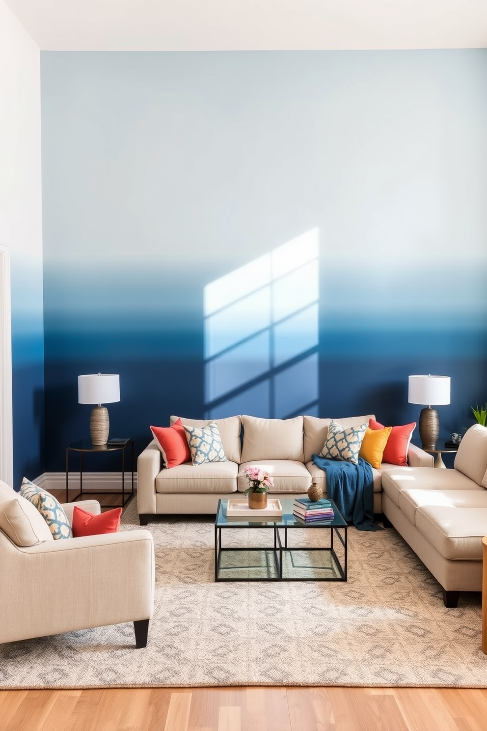 A living room featuring an ombre effect wall paint that transitions smoothly from deep blue at the bottom to a soft sky blue at the top. The gradient creates a calming atmosphere while the furniture is arranged to enhance the flow of the space. Incorporate a plush sectional sofa in a neutral tone to complement the vibrant wall. Accent the room with colorful throw pillows and a modern coffee table to add personality and warmth.