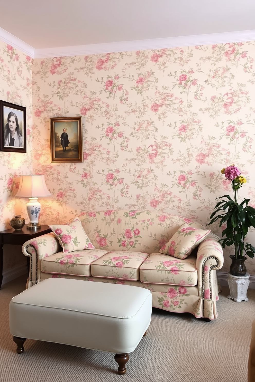 A cozy living room adorned with vintage-inspired floral wallpaper that adds a touch of charm and nostalgia. The wallpaper features intricate patterns in soft pastel colors, creating a warm and inviting atmosphere. Complementing the wallpaper, the walls are painted in a soft cream shade that enhances the vintage aesthetic. A plush sofa with floral accents sits against the wall, inviting relaxation and conversation.