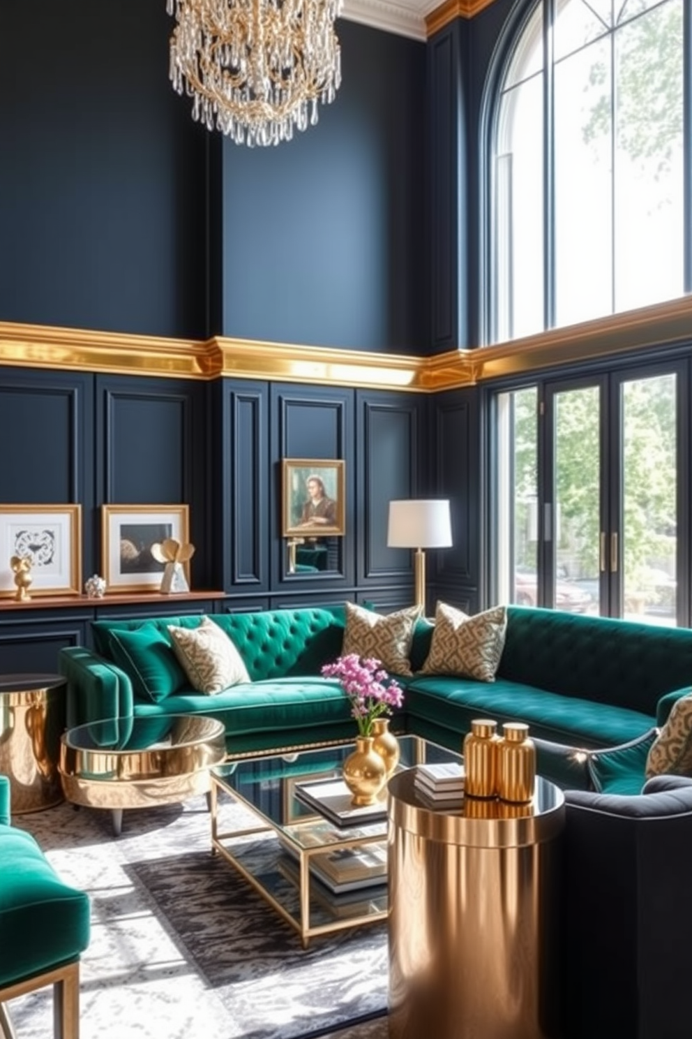 A luxurious living room featuring metallic finishes that add a touch of glam. The walls are adorned with a rich navy blue paint, complemented by gold and silver accents in the decor. The furniture includes a plush velvet sofa in a deep emerald green, paired with metallic side tables. Large windows allow natural light to flood the space, highlighting the shimmering elements throughout the room.