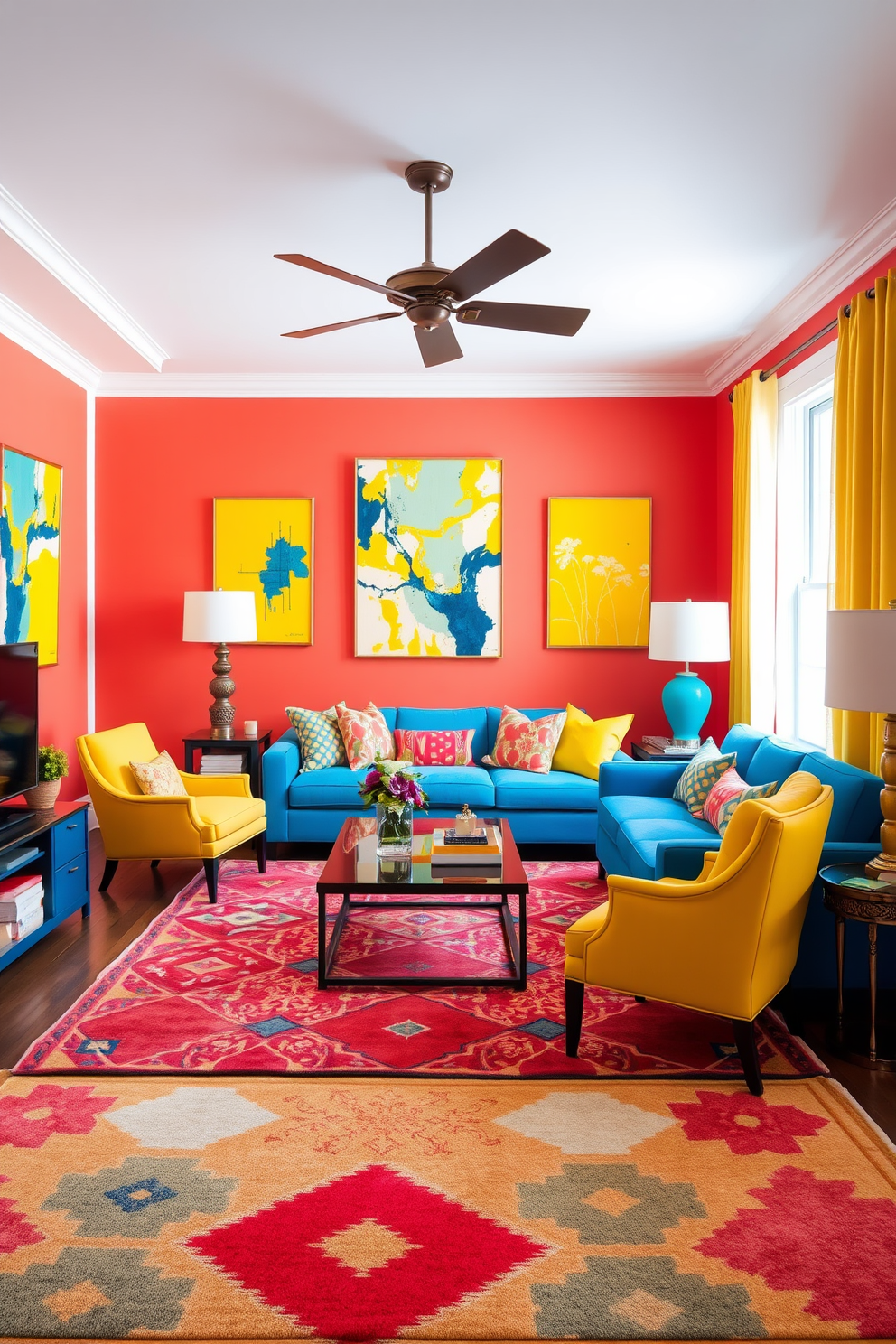 A vibrant living room filled with bright colors that energize the space. The walls are painted in a lively coral hue, complemented by abstract art pieces in bold yellows and blues. The furniture features a mix of modern and eclectic styles, with a bright blue sofa and yellow accent chairs. A large area rug with geometric patterns ties the room together, creating a welcoming and cheerful atmosphere.