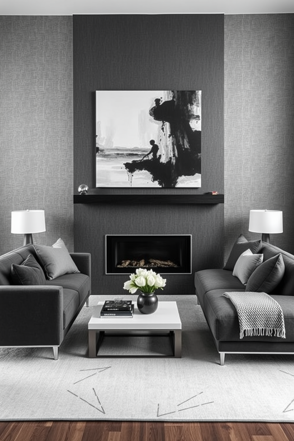 A living room designed with a monochromatic color scheme features varying shades of gray to create a sleek and modern atmosphere. The walls are adorned with a textured gray wallpaper that adds depth, while the furniture is upholstered in complementary tones of charcoal and slate. The focal point of the room is a contemporary sectional sofa positioned around a minimalist coffee table. Accent pillows in different shades of gray are scattered across the sofa, and a large abstract painting in monochrome tones hangs above the fireplace, tying the design together.