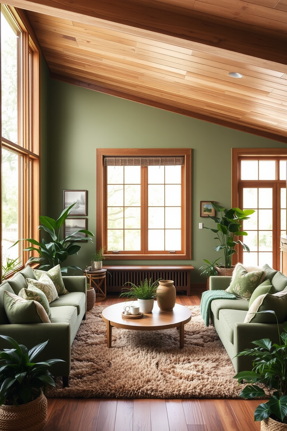 A serene living room setting featuring nature-inspired greens that evoke tranquility. The walls are adorned with soft green tones, complemented by natural wood accents and large windows allowing ample natural light. Incorporate a variety of textures with a plush area rug and comfortable seating in earthy hues. Add indoor plants to enhance the connection to nature and create a calming atmosphere.