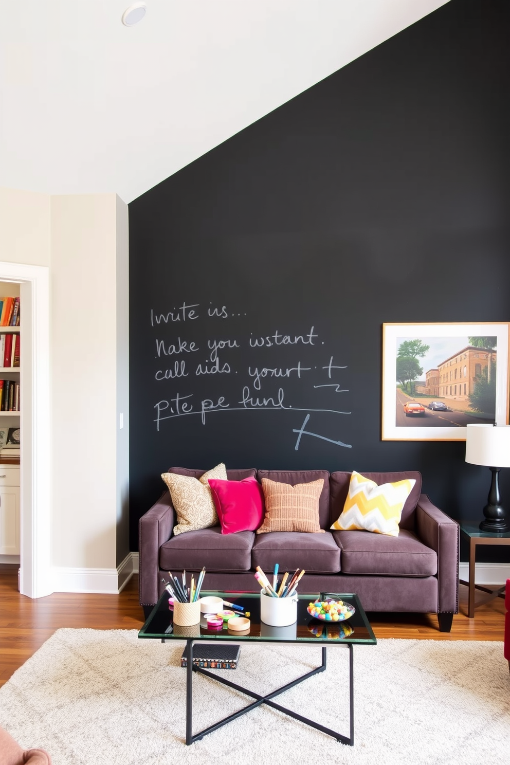 A living room featuring a chalkboard paint accent wall invites creativity and interaction. The rest of the walls are painted in a soft neutral tone to balance the boldness of the chalkboard. The room is furnished with a plush sofa in a contemporary style, complemented by colorful throw pillows. A stylish coffee table sits in front, adorned with art supplies for spontaneous artistic expression.