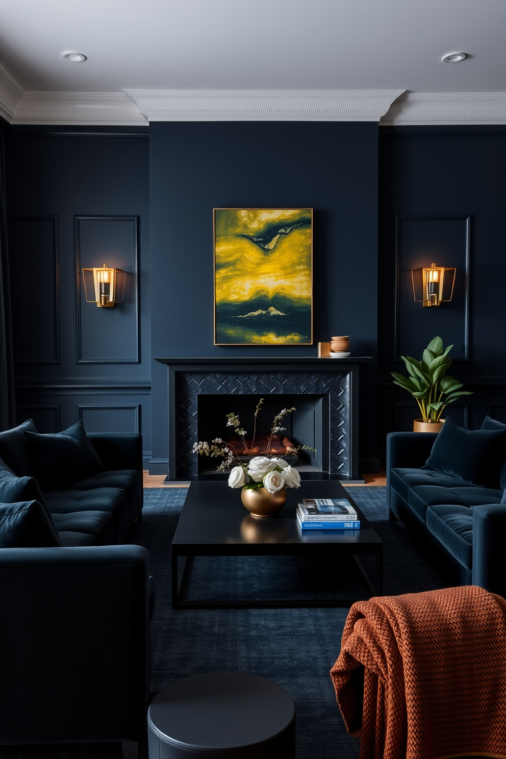 A living room with dark hues creates a moody ambiance that invites relaxation. The walls are painted in deep navy blue, complemented by rich charcoal accents. Plush velvet sofas in dark shades are arranged around a sleek coffee table. Soft gold lighting fixtures cast a warm glow, enhancing the intimate atmosphere.