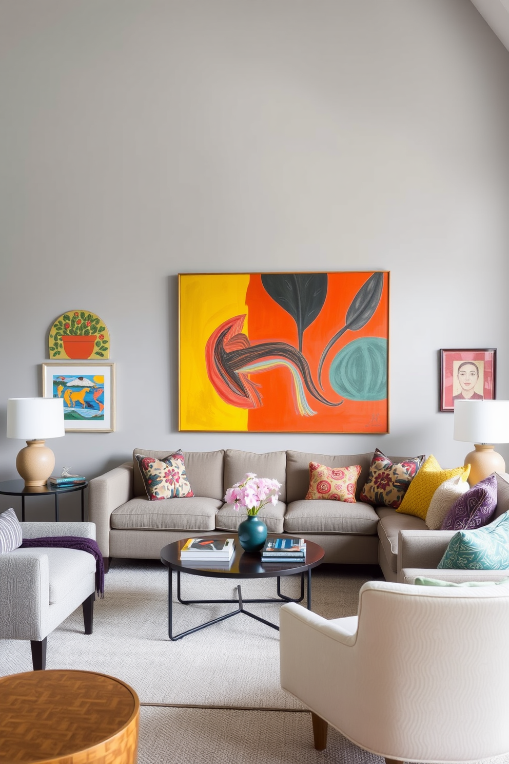 A cozy living room featuring soft gray walls that create a serene backdrop. Bold and vibrant artwork adorns the walls, adding a splash of color and personality to the space.