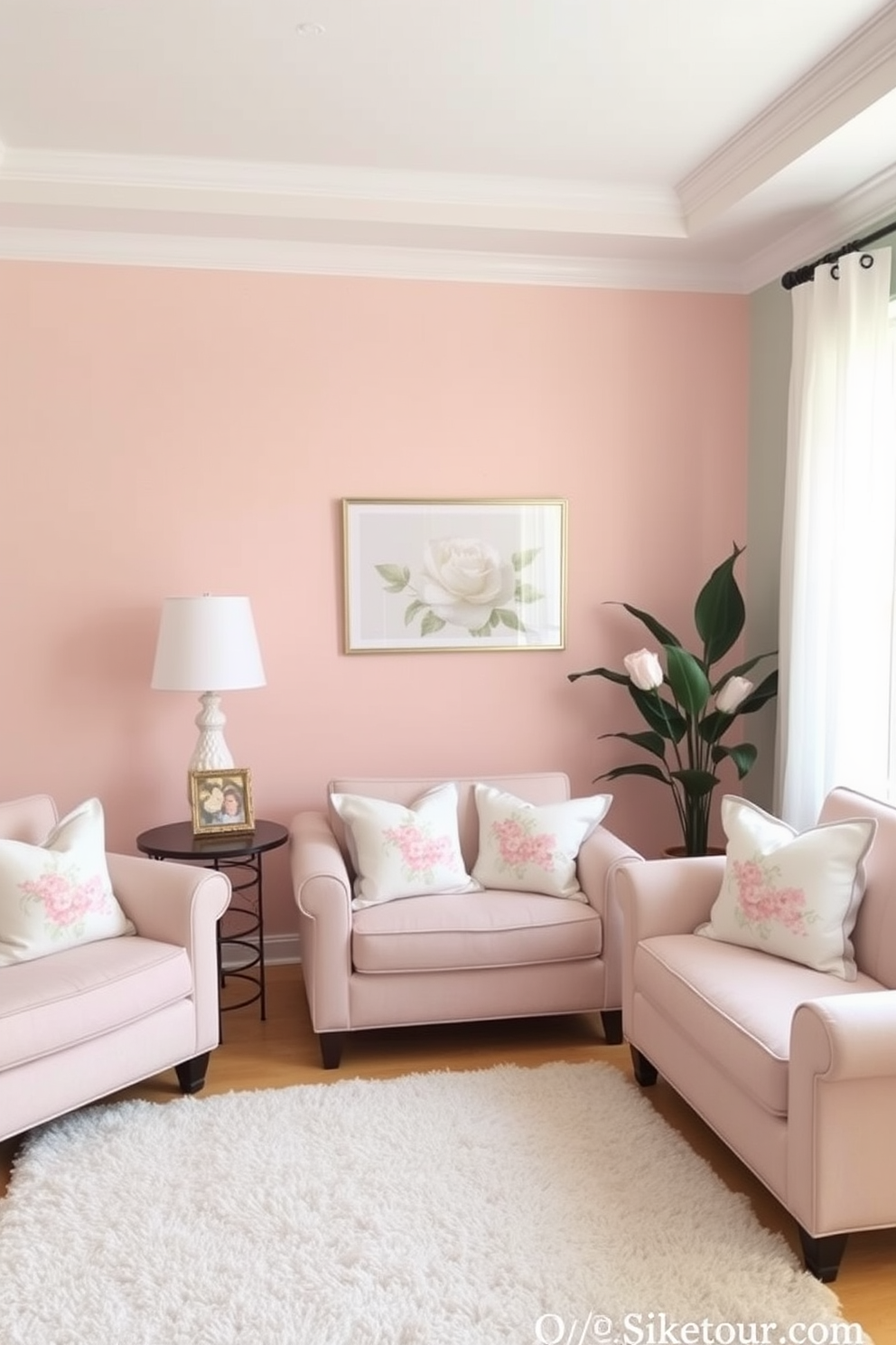 A living room adorned with soft pastel colors creates a serene and calming atmosphere. The walls are painted in a gentle blush pink, complemented by a light mint green accent wall that adds depth and tranquility. Delicate floral patterns on throw pillows and a plush area rug enhance the soothing vibe. Natural light filters through sheer white curtains, illuminating the space and highlighting the subtle elegance of the pastel palette.