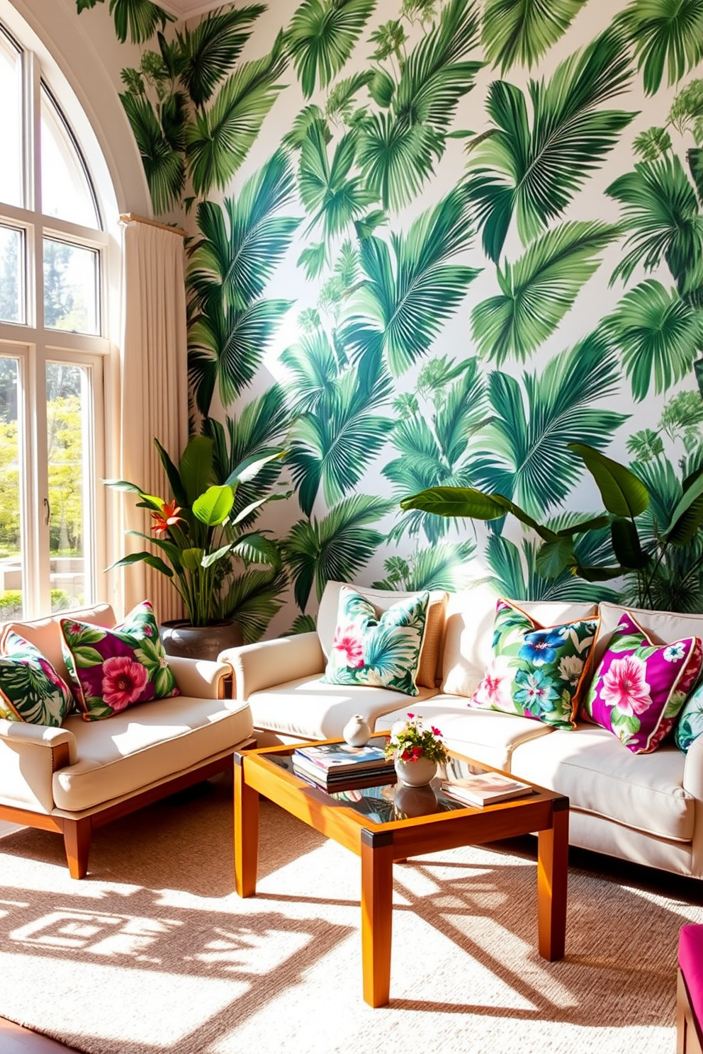 A vibrant living room filled with tropical prints. The walls are adorned with large palm leaf wallpaper, complemented by bright throw pillows featuring exotic floral patterns. The furniture includes a plush sofa in a light cream color, accented by a wooden coffee table with a glass top. Natural light floods the space through large windows, enhancing the lively atmosphere.