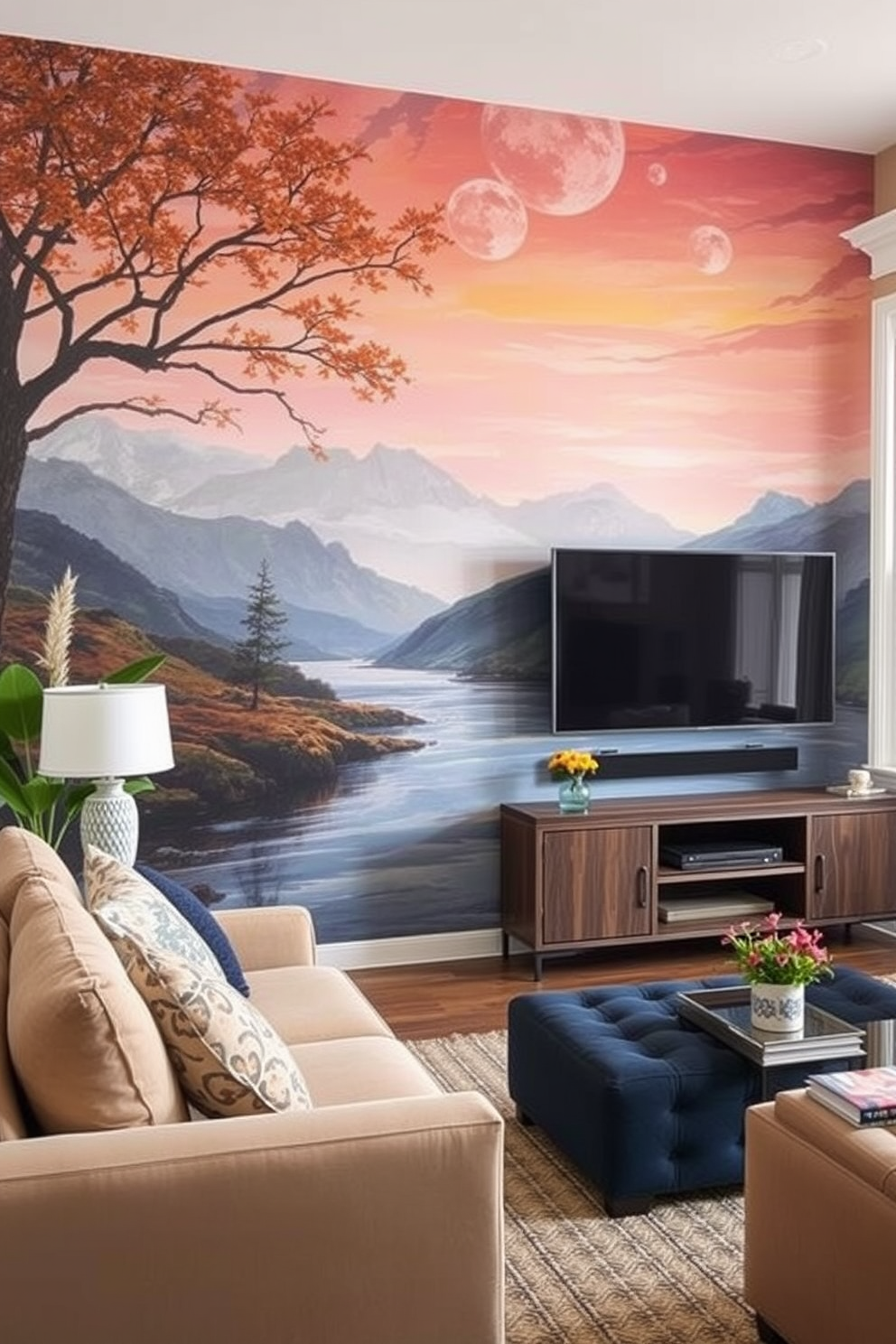 Artistic murals can transform a living room into a vibrant and personalized space. Consider a large mural depicting a serene landscape or an abstract design that reflects your style. For wall paint design ideas, think about using a bold color on one accent wall while keeping the other walls in a soft neutral tone. This combination creates depth and visual interest in the living room.