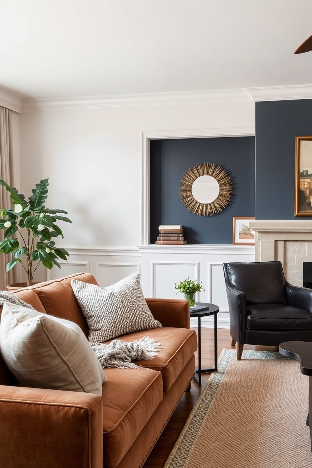 A vibrant living room featuring bold color blocking techniques. The walls are painted in contrasting hues like bright blue and sunny yellow, creating a playful atmosphere. The furniture is arranged to complement the color scheme, with a deep purple sofa and orange accent chairs. Decorative pillows in various patterns add texture and interest to the space.