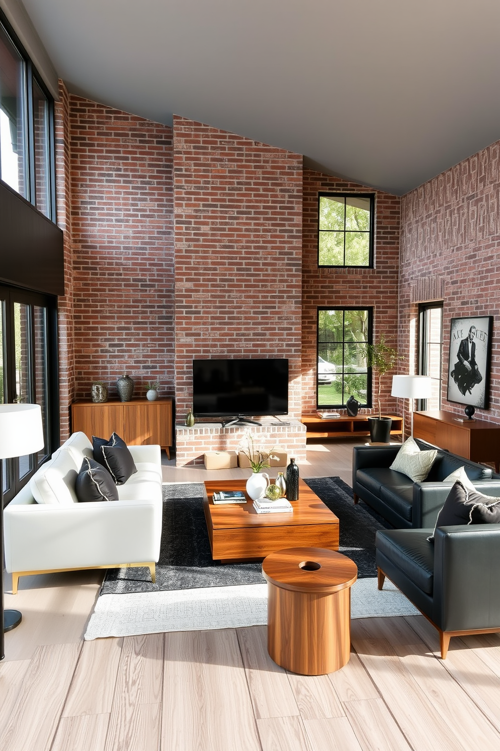 A stylish living room featuring faux brick walls that add an industrial vibe to the space. The walls are complemented by a sleek, modern color palette that enhances the overall aesthetic. The room includes a mix of contemporary furniture pieces with warm wood accents. Large windows allow natural light to flood in, highlighting the textures and colors throughout the design.