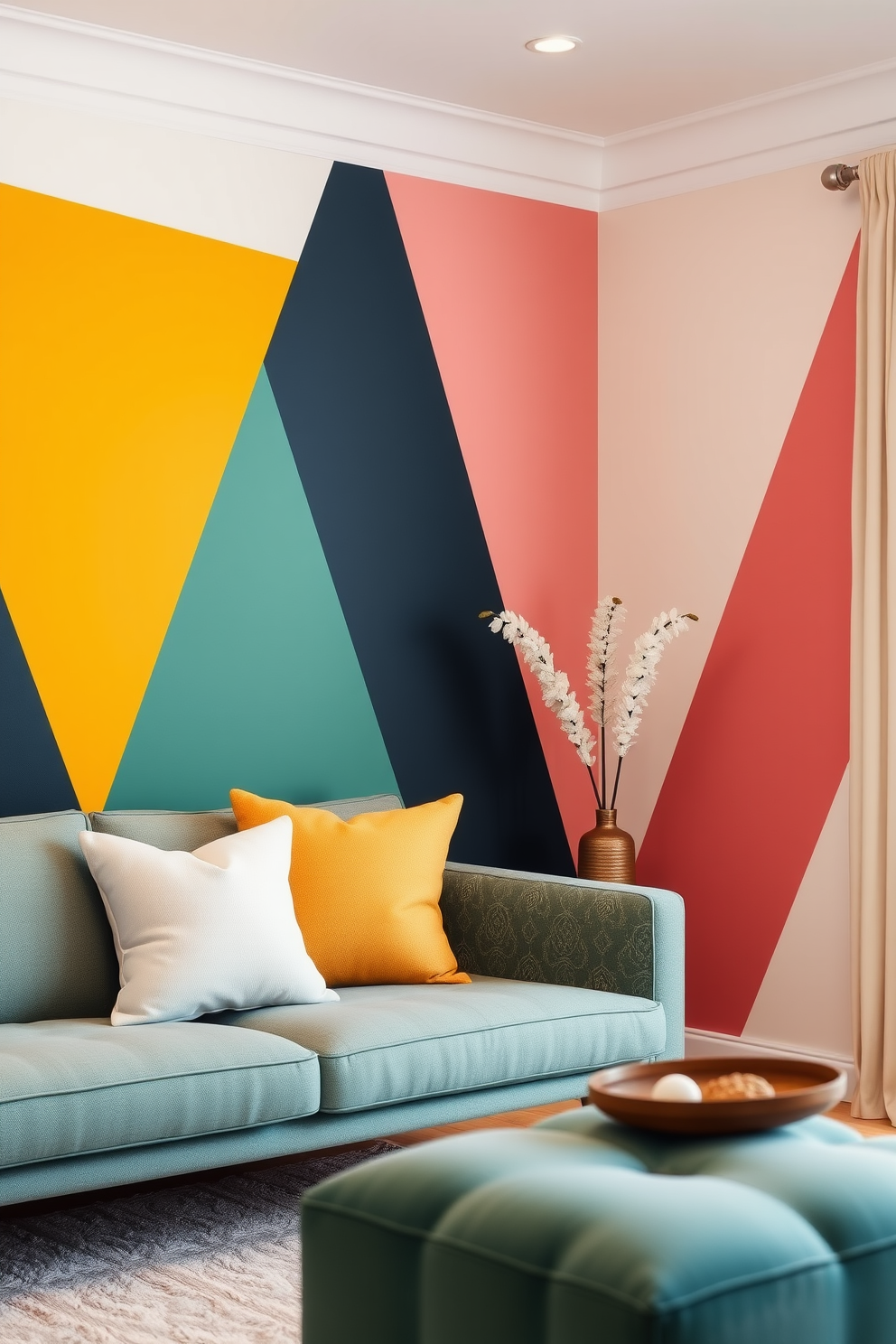 Color blocking for a modern twist. The walls feature bold geometric shapes in contrasting colors that create a dynamic visual impact. Wall Paint Design Ideas for Living Room. A combination of soft neutrals and vibrant accent colors brings warmth and personality to the space.