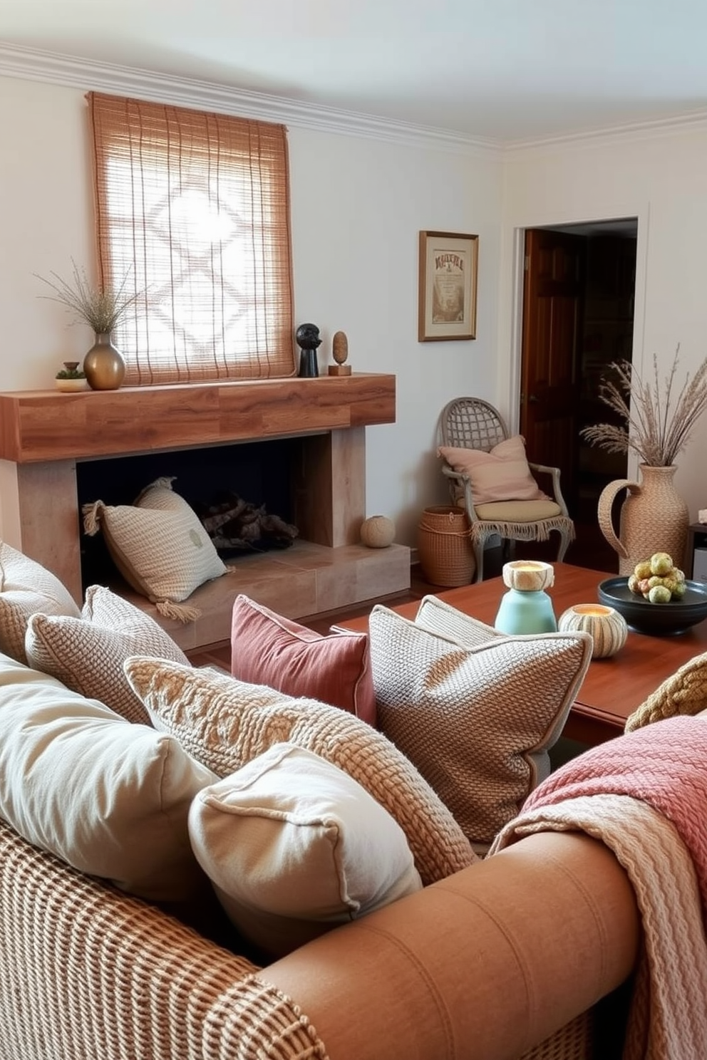 A cozy living room featuring woven fabrics that add a soft touch to the overall ambiance. The furniture is adorned with textured cushions and throws in earthy tones, creating a warm and inviting space. The walls are painted in a soft pastel hue, providing a calming backdrop for the room. Accent pieces in contrasting colors bring vibrancy and personality to the living area.