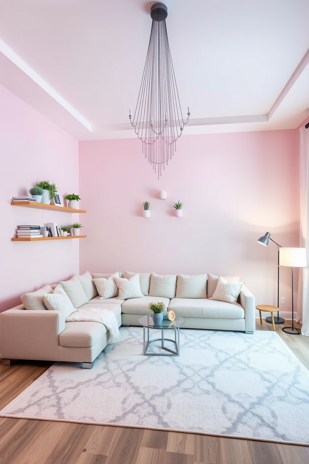 Create a living room with pastel gradient walls that transition smoothly from soft pink to light blue. Incorporate a cozy sectional sofa in a neutral tone and a large area rug with subtle patterns to enhance the dreamy atmosphere. Add decorative elements such as floating shelves with pastel-colored books and plants. Include soft lighting fixtures like a modern chandelier and floor lamps to create a warm and inviting space.