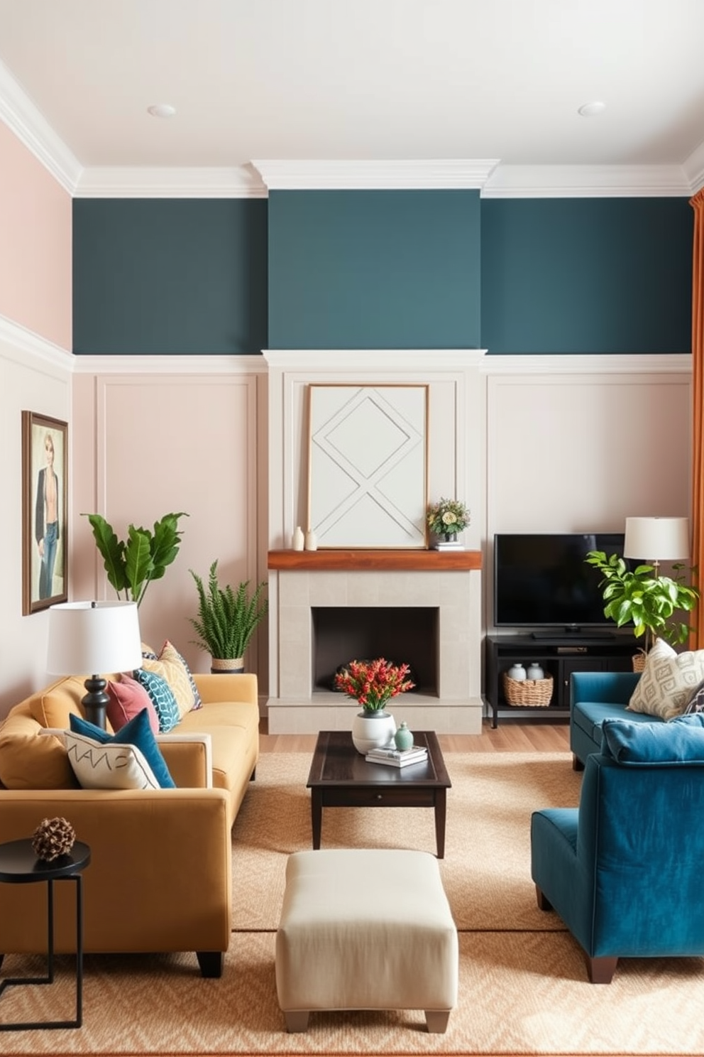 A living room adorned with seasonal colors that shift with the changing times. The walls are painted in soft pastels for spring and summer, transitioning to warm earth tones in autumn and deep jewel tones for winter. The paint design features an accent wall with geometric patterns that add depth and interest. Complementary colors are used throughout the space to create a cohesive and inviting atmosphere.