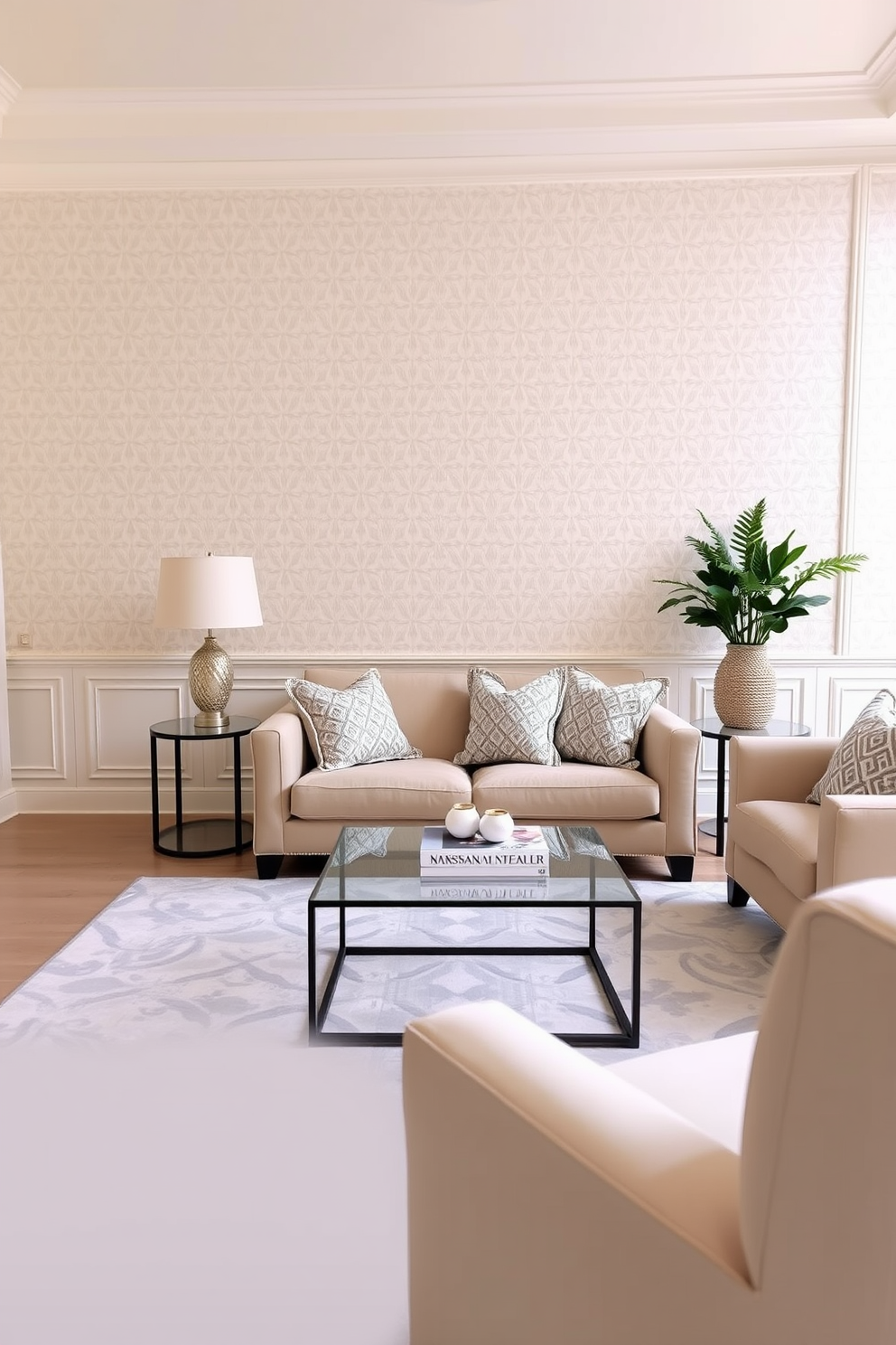 A living room featuring subtle patterns that enhance understated elegance. The walls are painted in a soft cream color with a delicate geometric pattern that adds depth without overwhelming the space. The furniture includes a plush beige sofa adorned with textured throw pillows. A sleek coffee table with a glass top sits on a light gray area rug that complements the overall color scheme.