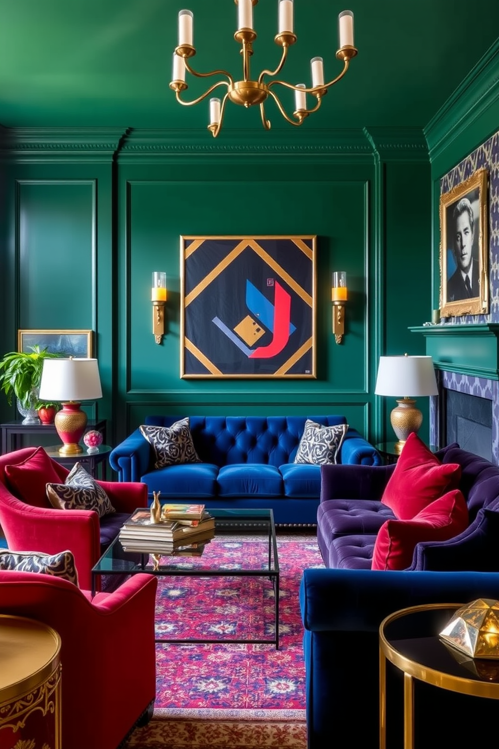 A living room featuring dark blue walls that evoke a sense of dramatic elegance. The space is accented with plush white furnishings and gold decorative elements that enhance the luxurious atmosphere.