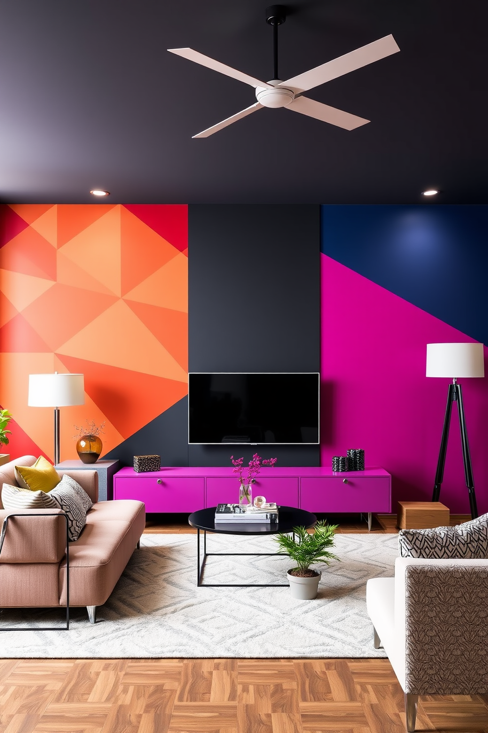 A living room showcasing geometric patterns with a modern flair. The walls are adorned with a bold geometric wallpaper in contrasting colors, creating a dynamic visual impact. The furniture features sleek lines and minimalist design, complementing the patterned walls. Accent pillows with geometric prints add a touch of comfort while enhancing the overall aesthetic.