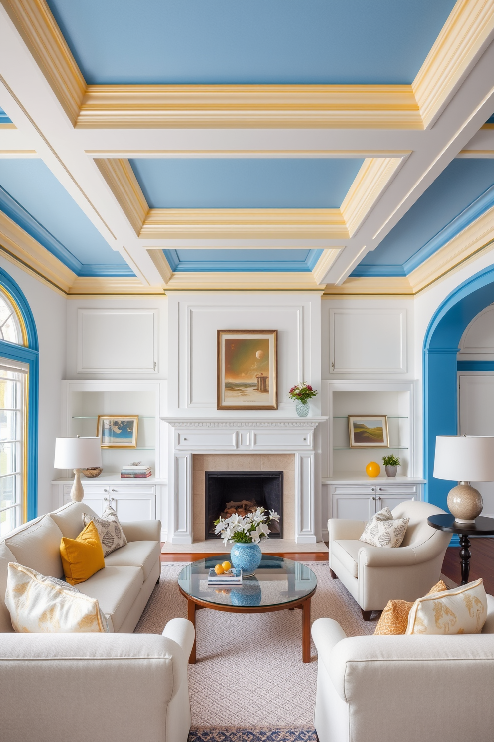 A classic white living room features colorful trim that adds a vibrant touch to the space. The walls are adorned with bright accents in shades of blue and yellow, creating a cheerful and inviting atmosphere. The ceiling showcases intricate crown molding painted in a bold color that contrasts beautifully with the white walls. Plush furniture in neutral tones complements the lively trim, enhancing the overall elegance of the room.