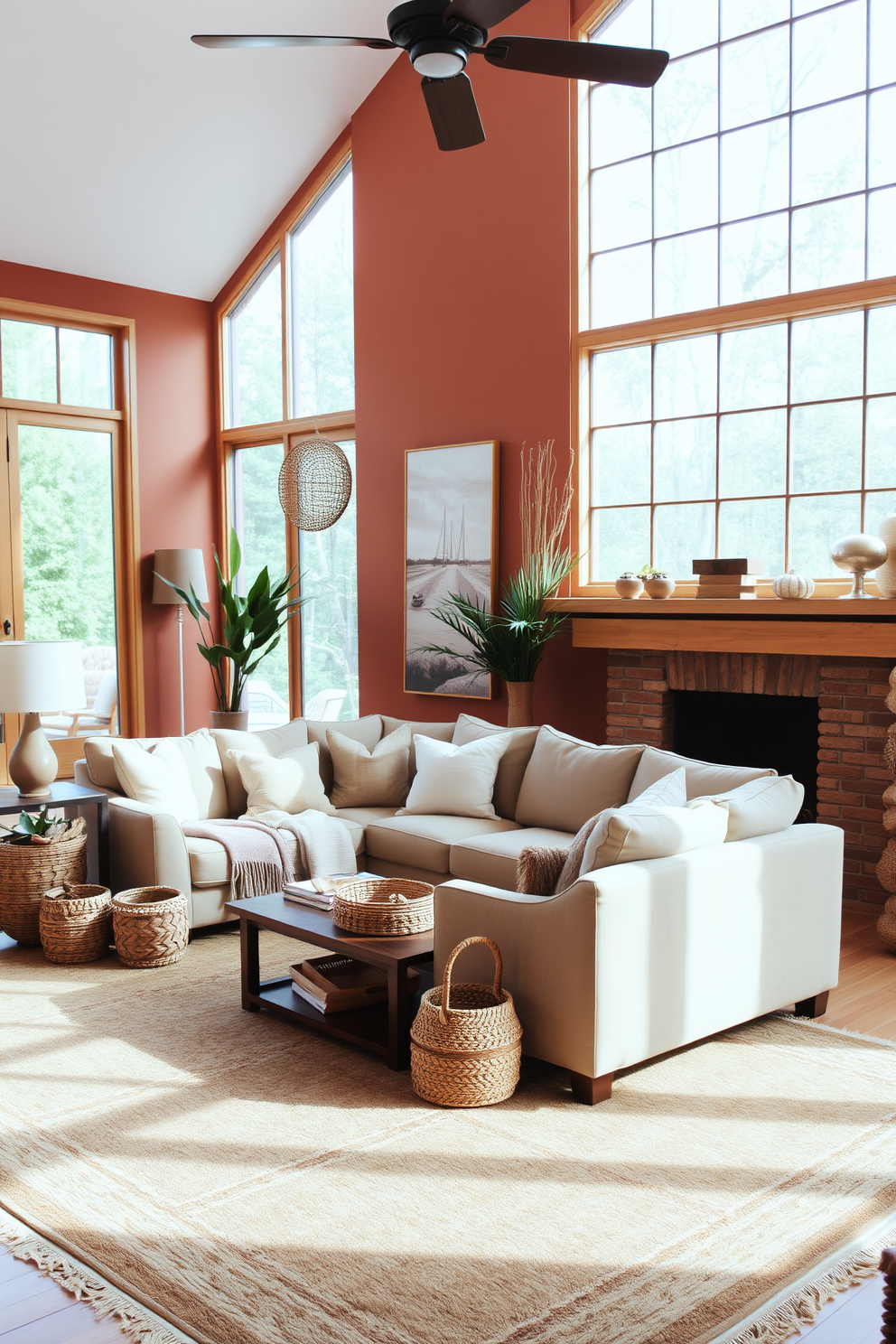 A cozy living room filled with earthy tones creates a warm and inviting atmosphere. The walls are painted in a soft terracotta hue, complemented by natural wood accents and a plush beige sofa. Decorative elements include woven baskets and a large area rug in muted greens and browns. Floor-to-ceiling windows allow ample natural light to flood the space, enhancing the earthy color palette.