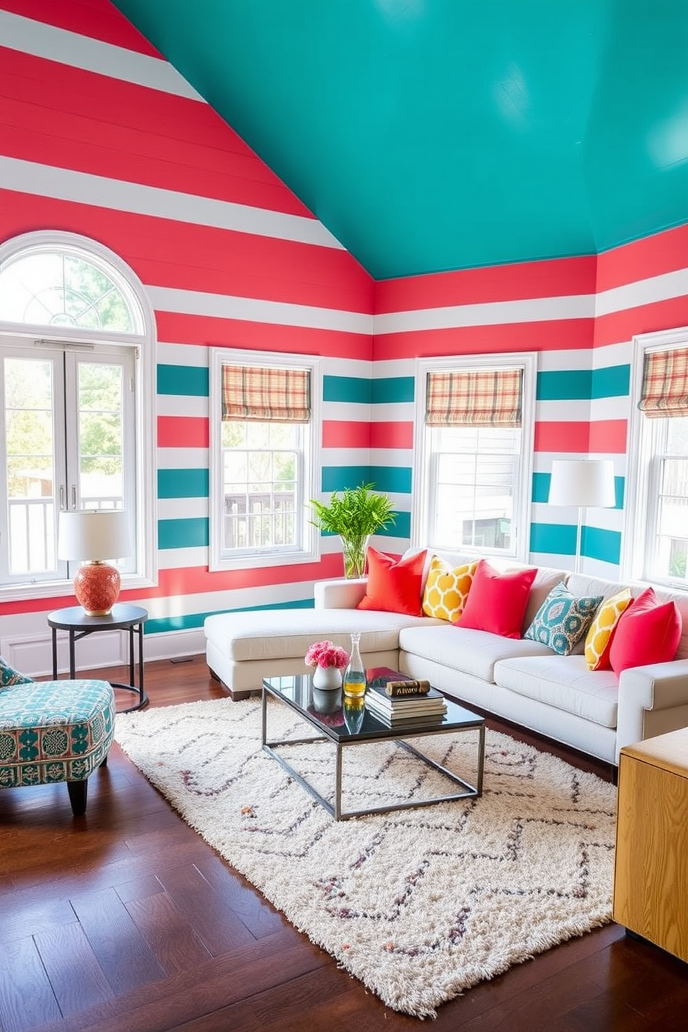 A vibrant living room with bold striped walls in alternating colors of teal and coral. The stripes create a playful atmosphere, complemented by a plush white sofa adorned with colorful throw pillows. A contemporary coffee table sits in the center, surrounded by a cozy area rug. Large windows allow natural light to flood the space, highlighting the cheerful ambiance.