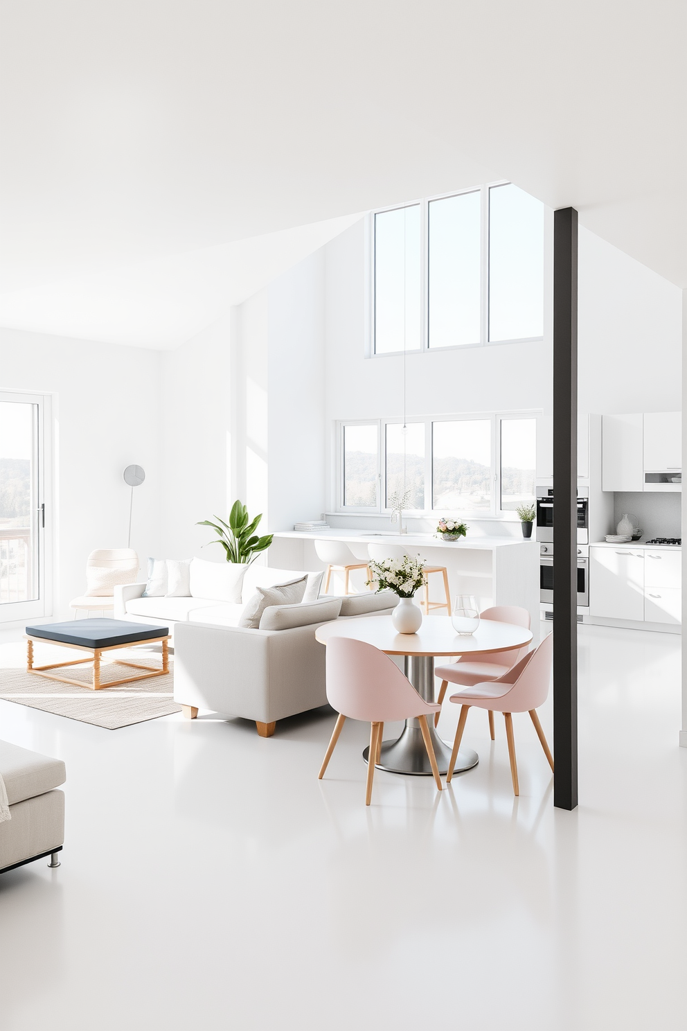 A spacious white apartment features minimalist furniture with clean lines that create an airy and open atmosphere. The living area showcases a sleek sofa paired with a simple coffee table, while large windows allow natural light to flood the space. In the kitchen, white cabinetry complements the minimalist aesthetic, and a narrow island provides additional workspace. Subtle decorative accents, such as potted plants and streamlined lighting fixtures, enhance the overall elegance of the design.