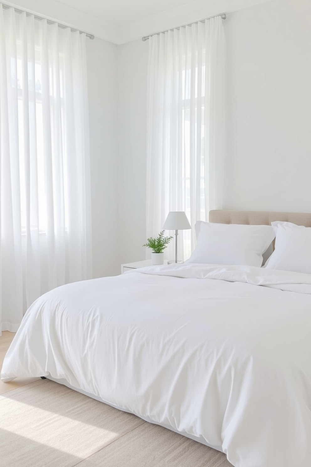 A bright and airy living space features neutral curtains that gently frame the large windows, allowing natural light to filter in softly. The walls are painted in crisp white, complemented by minimalist furniture in light wood tones, creating a serene atmosphere. The open layout includes a cozy seating area with a plush white sofa adorned with pastel-colored cushions. A sleek coffee table sits in the center, surrounded by a few potted plants that add a touch of greenery to the elegant white apartment design.