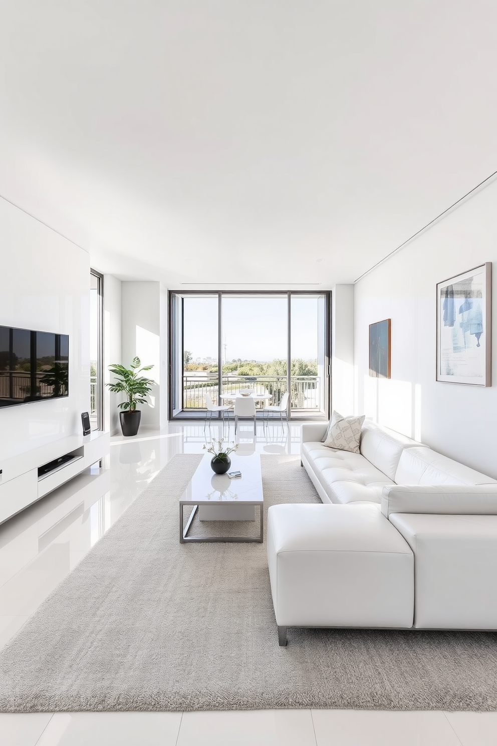 A sleek living room featuring glossy white finishes and modern furniture. The space includes a large white sectional sofa, a minimalist coffee table, and a stylish entertainment unit against the wall. Natural light floods the room through floor-to-ceiling windows, enhancing the bright and airy atmosphere. The walls are adorned with abstract art pieces, adding a pop of color to the sophisticated design.