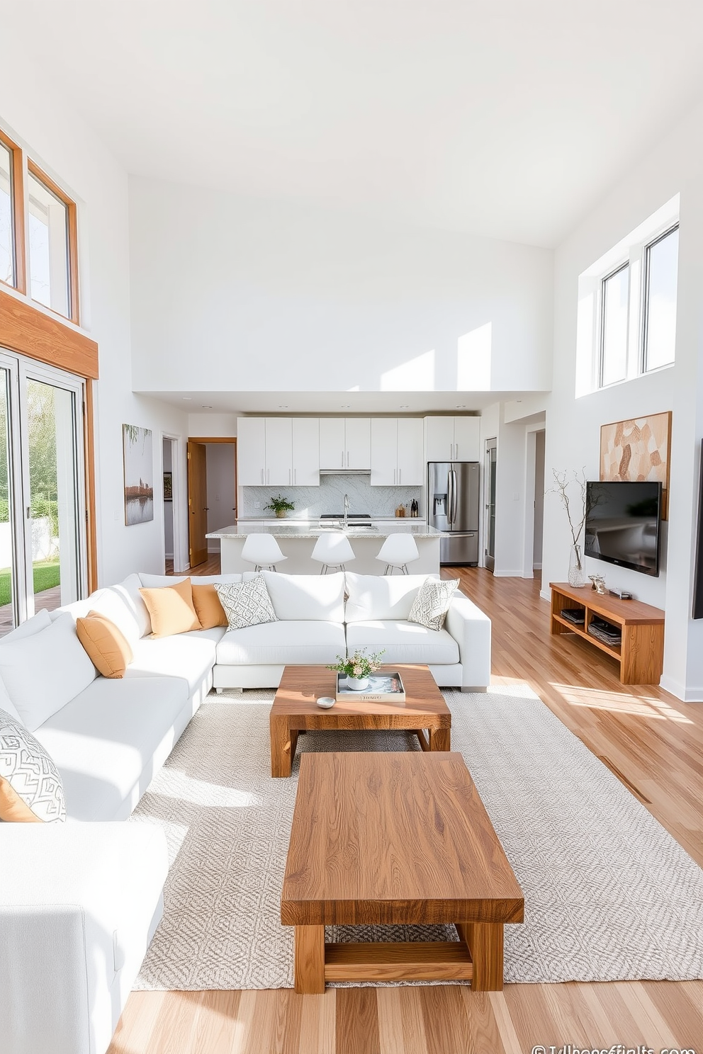 A bright and airy white apartment featuring natural wood accents throughout the space. The living area showcases a large white sectional sofa paired with a reclaimed wood coffee table, creating a harmonious blend of modern and rustic elements. The kitchen is adorned with sleek white cabinetry and a natural stone countertop that adds warmth to the design. Large windows allow natural light to flood the space, highlighting the beautiful contrast between the white walls and the earthy tones of the wooden elements.