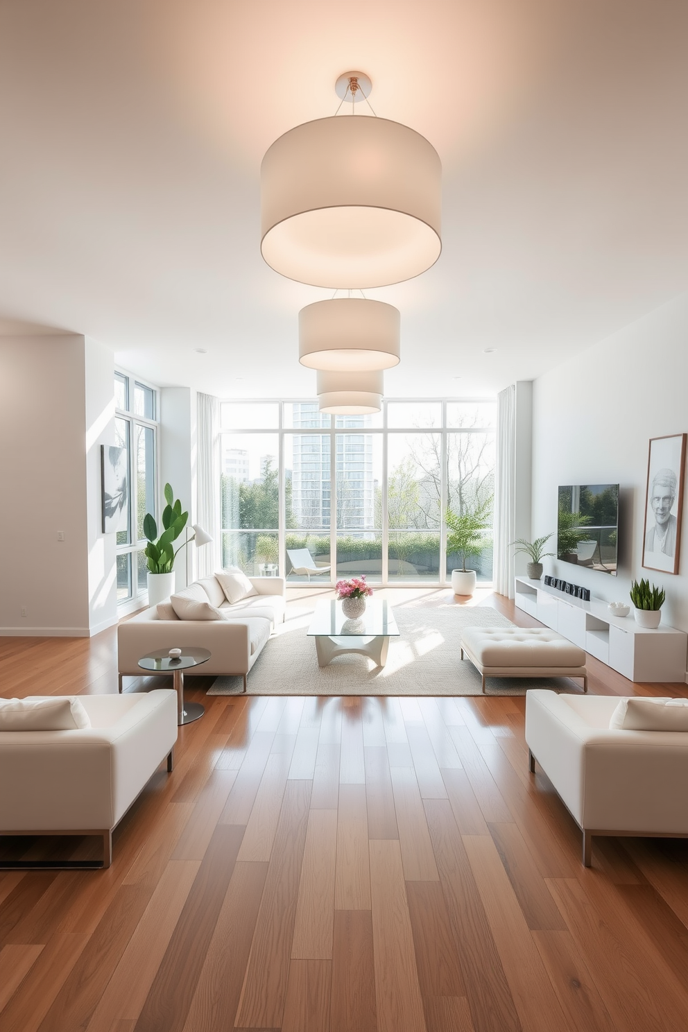 A bright and airy apartment featuring statement lighting fixtures in white that create an elegant ambiance. The open layout showcases modern furniture with clean lines and a neutral color palette, enhancing the spacious feel of the living area. Large windows allow natural light to flood in, illuminating the sleek white walls and polished hardwood floors. Decorative elements such as indoor plants and minimalist artwork add a touch of warmth and personality to the space.