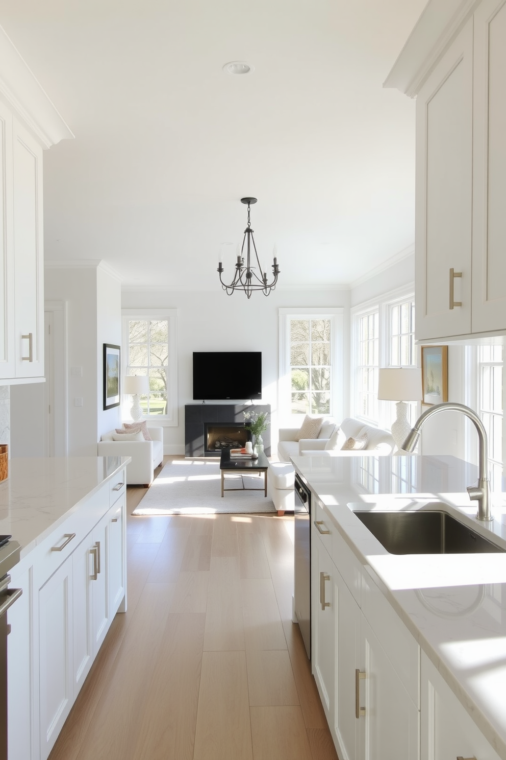 A bright and airy living space featuring white cabinetry that exudes timeless elegance. The cabinetry is complemented by a sleek marble backsplash and brushed nickel hardware, creating a sophisticated yet inviting atmosphere. The open floor plan includes a cozy seating area with plush sofas and a light-colored area rug. Large windows allow natural light to flood the space, enhancing the serene ambiance and highlighting the minimalist decor.