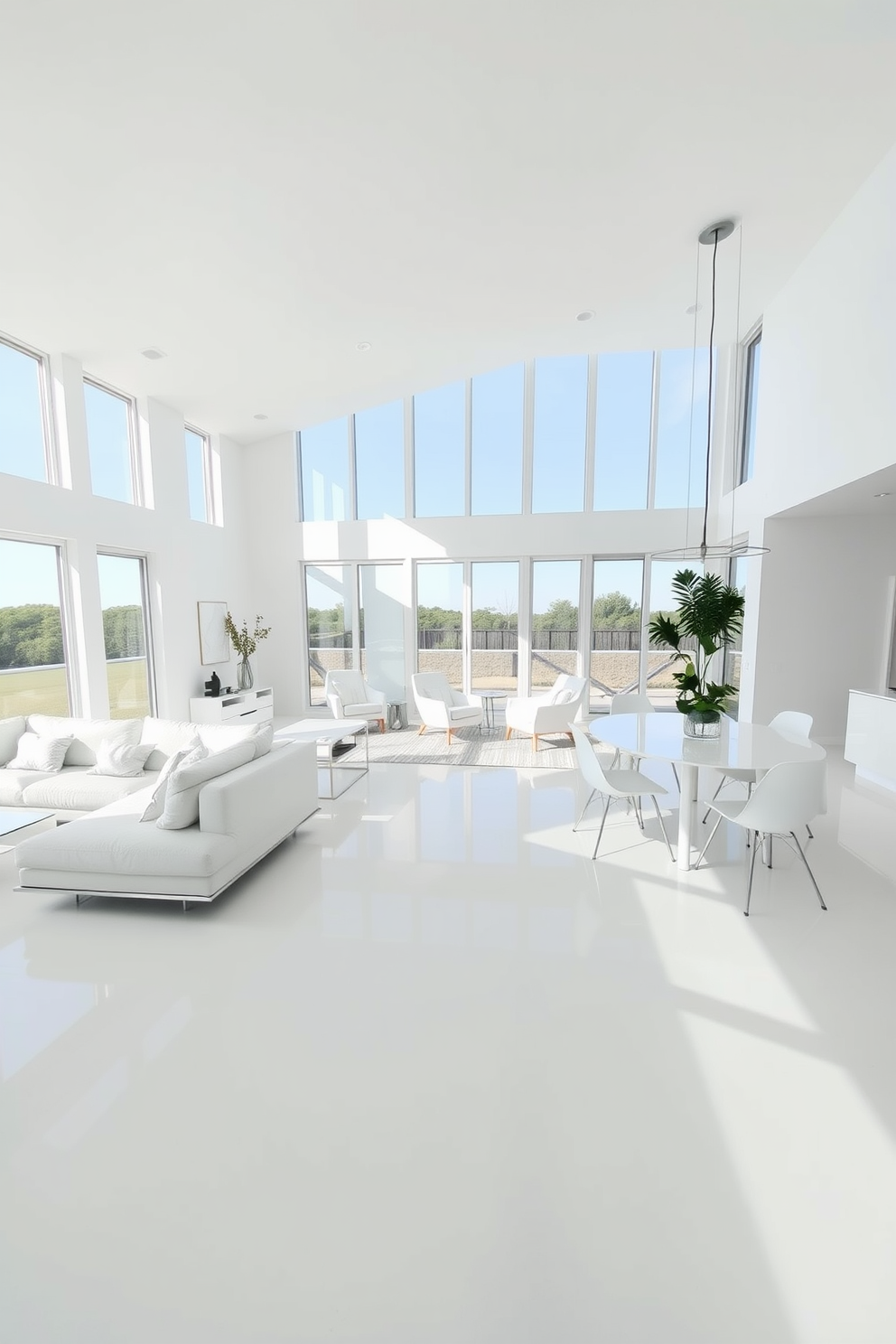 Open floor plan with white decor featuring a spacious living area filled with natural light. The walls are painted in a crisp white, complemented by a plush white sectional sofa and a minimalist coffee table. The dining area includes a sleek white table surrounded by modern chairs, creating an inviting atmosphere. Large windows offer a view of the outdoors, enhancing the airy feel of the space.