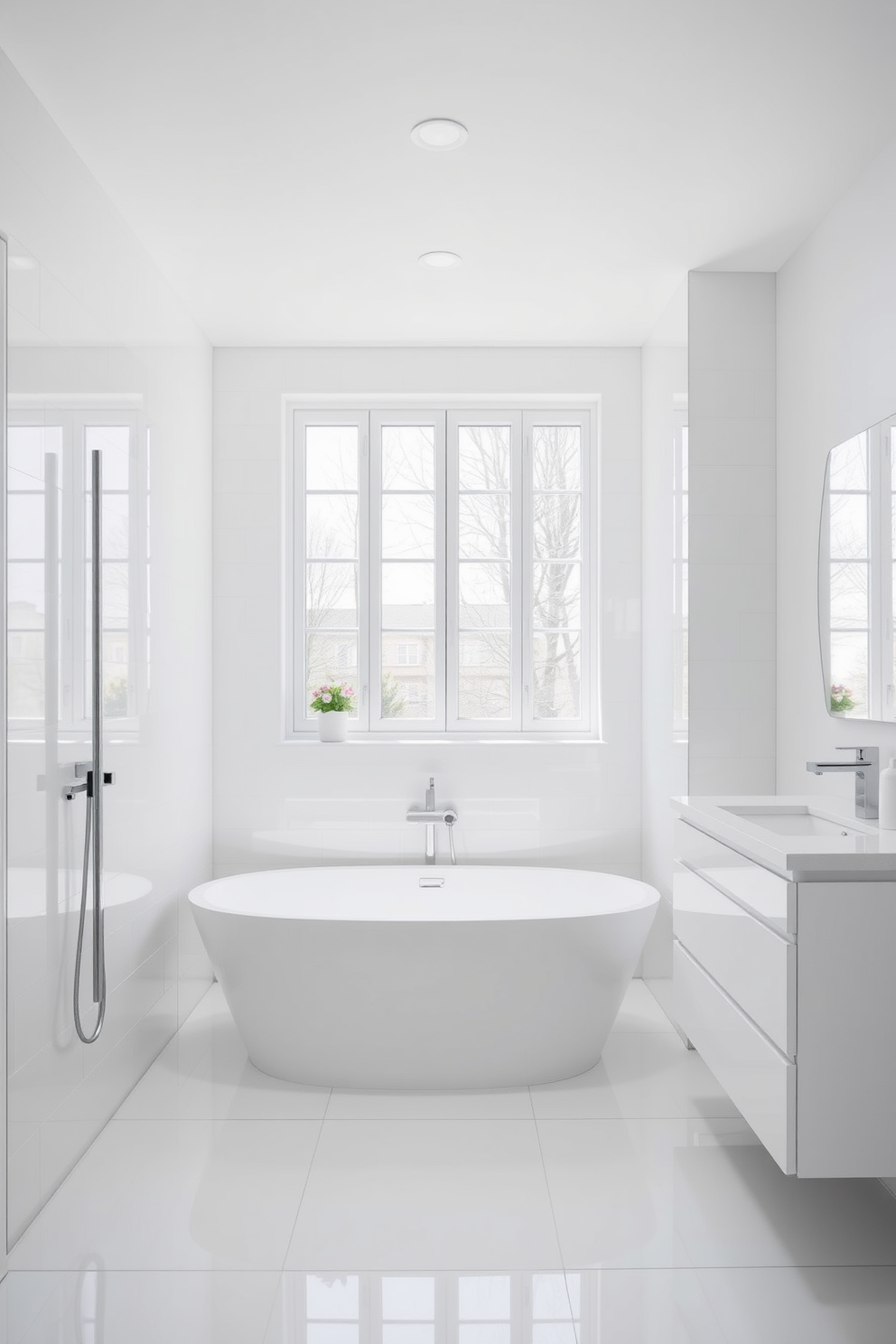 Bright white bathroom with sleek fixtures. The walls are adorned with glossy white tiles, and a modern freestanding tub sits in the center of the room. A minimalist vanity with a clean-lined sink is positioned against one wall. Large windows allow natural light to flood the space, enhancing the airy feel of the room.