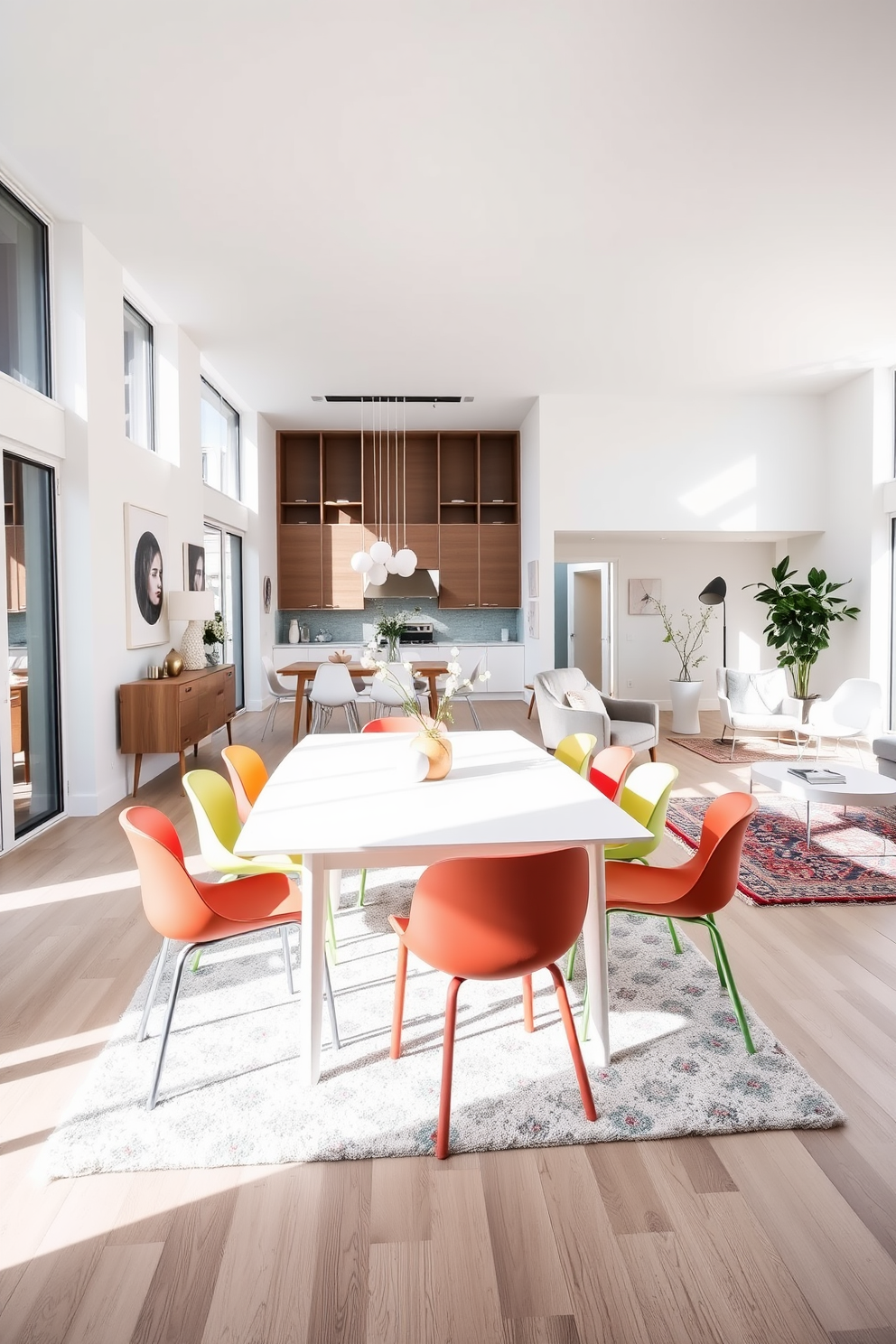 A bright dining area featuring a sleek white dining table surrounded by a variety of colorful chairs. The walls are adorned with minimalist art and large windows allow natural light to flood the space, enhancing the vibrant atmosphere. An open-plan layout showcases the white apartment design with light wood flooring and soft neutral tones. Cozy seating areas are defined by plush rugs and modern decor, creating a welcoming and stylish environment.